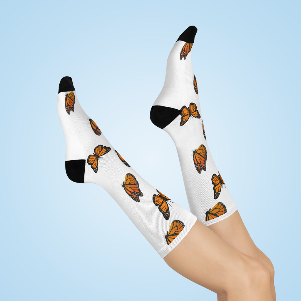 Monarch Miracle Women's White Butterfly  Cushioned Heel-to-Toe Super Crew Stretch Socks! Match With CC Blu's SlumberWear.