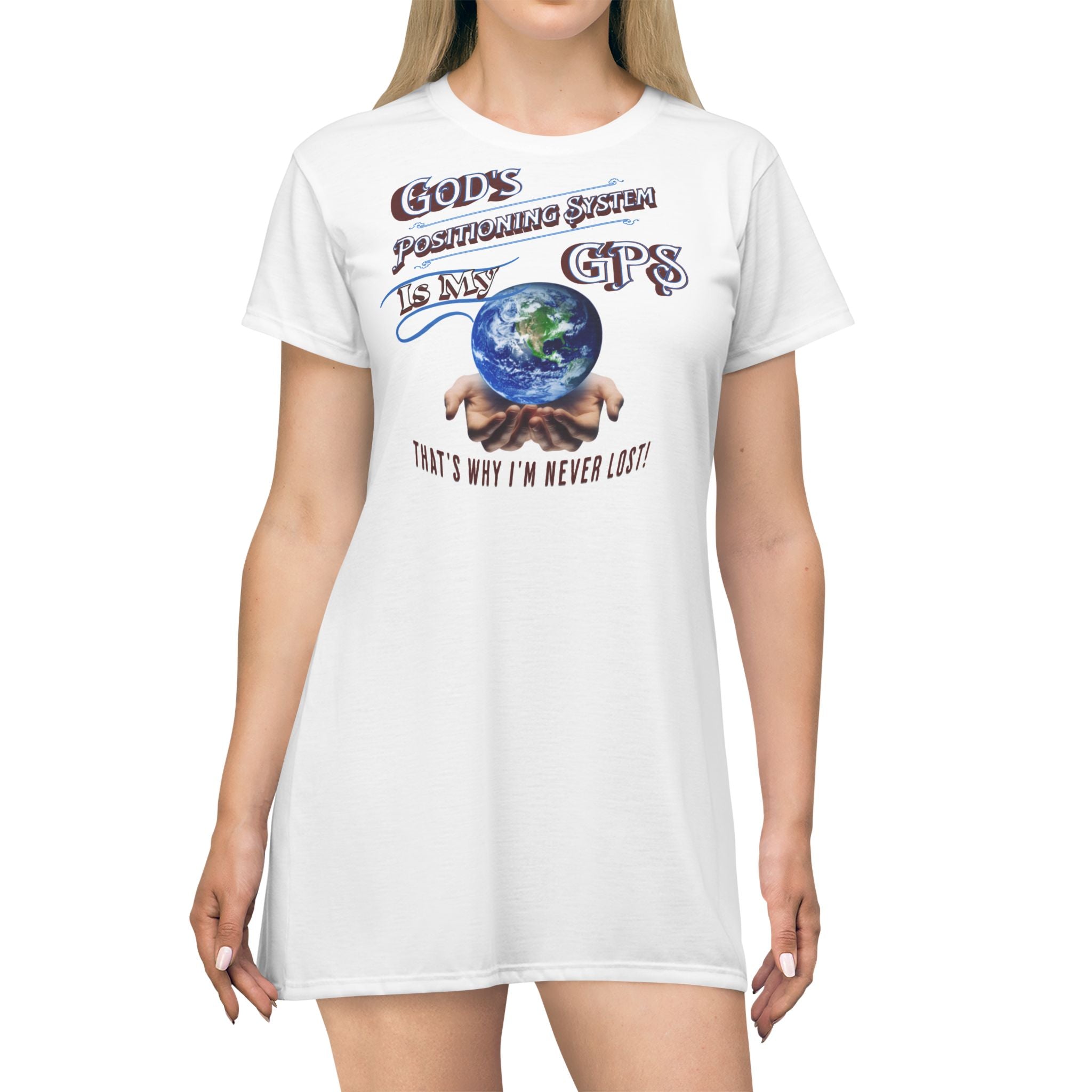 GPS God's Positioning System Whisper White SleeperT-Dress With-A-Message. Match With CC Blu SlumberWear Sleep-Shorts & Socks.