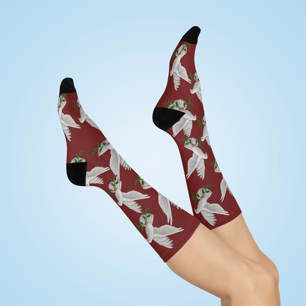 God's GPS Cardinal Red "Dove Of Peace" Socks Will Guide Your Feet Home! Match Them With CC Blu's Sleeper T-Dress & "Little-Boy" Shorts.