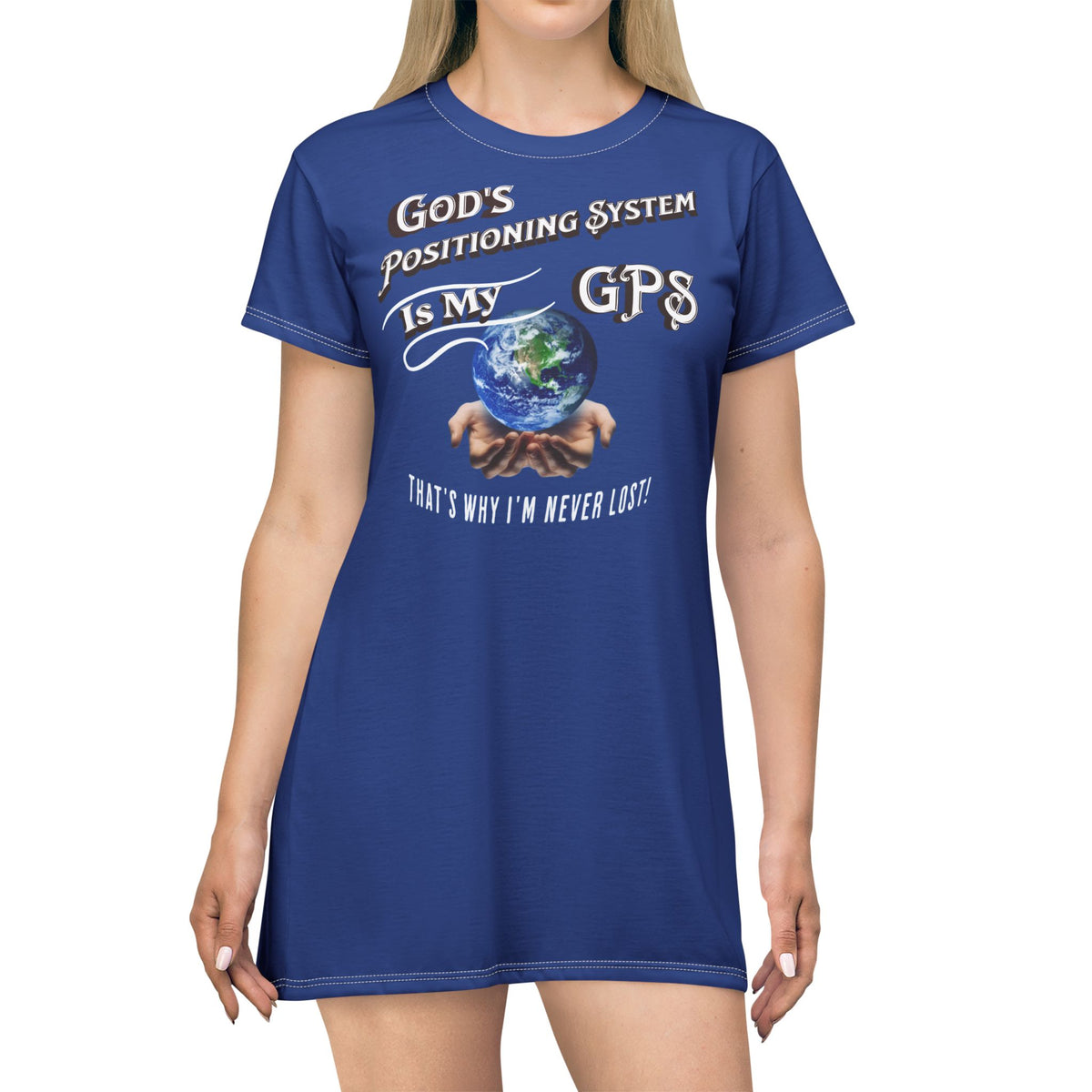 God's Positioning System-GPS- Beyond Blu Sleeper T-Dress With-A-Message. Match It With Socks & Shorts At GPS Collection.
