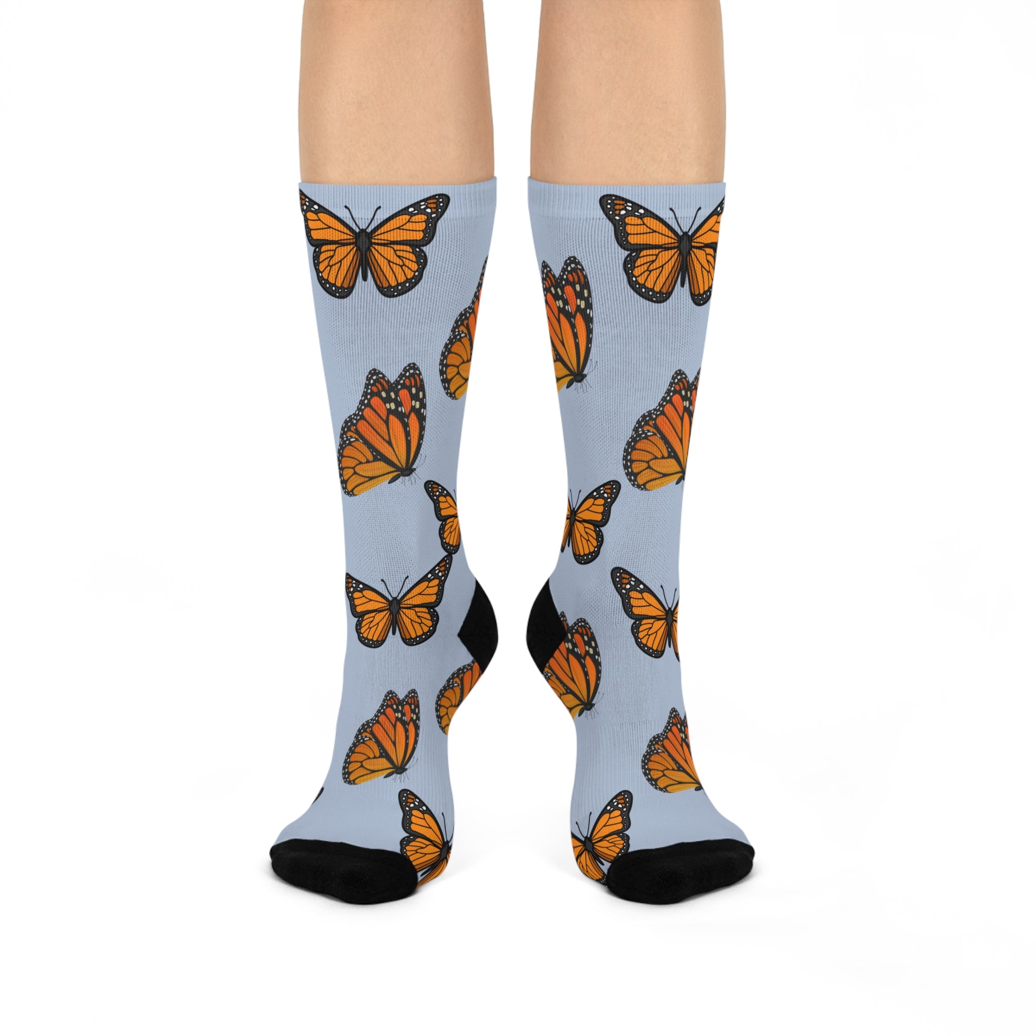 Monarch Miracle Women's Light Blue Butterfly  Cushioned Heel &Toe Super Crew Stretch Socks! Match With CC Blu's SlumberWear.
