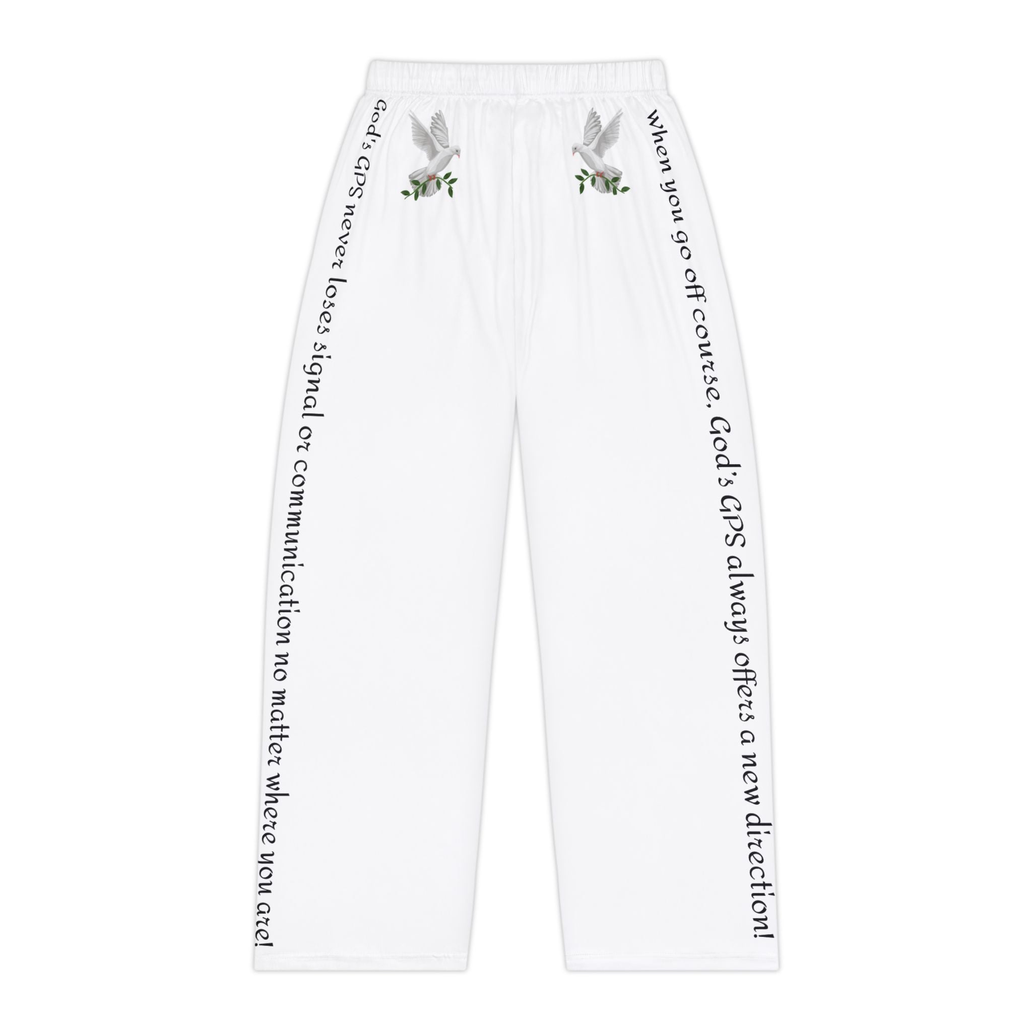 GPS White Peace Dove Pajama Bottoms With God's Driving Directions (Down The Sides) To Keep You Safe At Night!