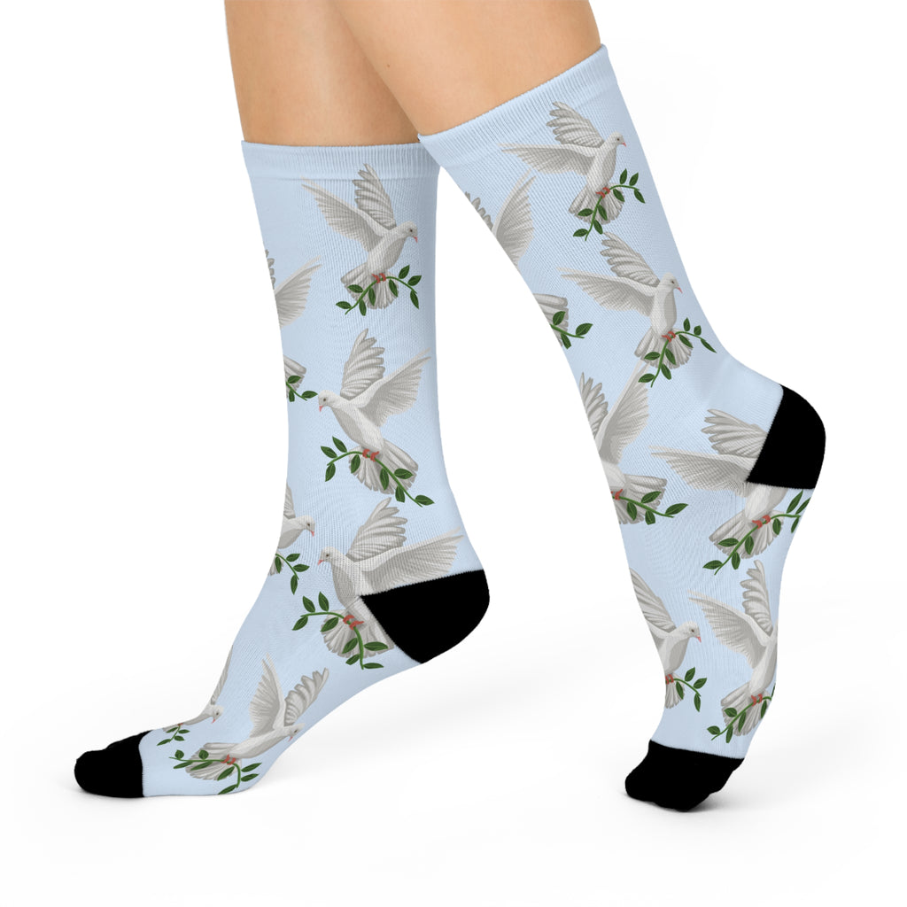 Inspirational Lite Blue "Dove-of-Peace" Socks", Cushioned Heel-and-Toe, Designed To Match CC Blu's SlumberWear Sleep-Tops & PJ Bottoms.