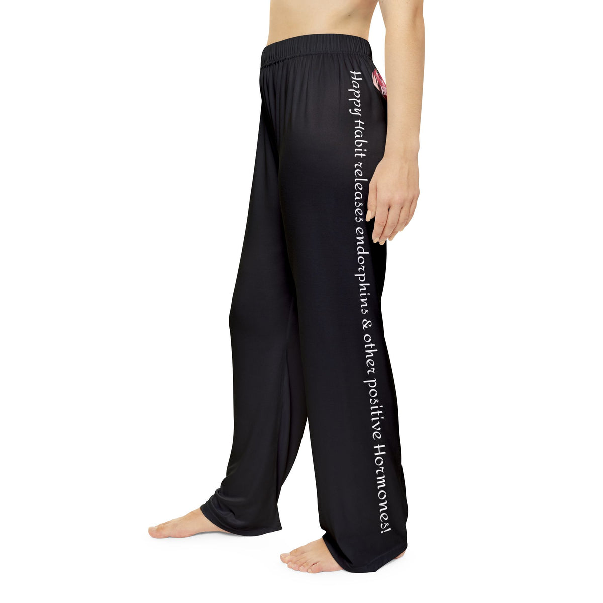 Women's Happy Habit Black Pajama Bottoms With An Inspirational Message On Each Legs & 2 Hearts  On The Back.