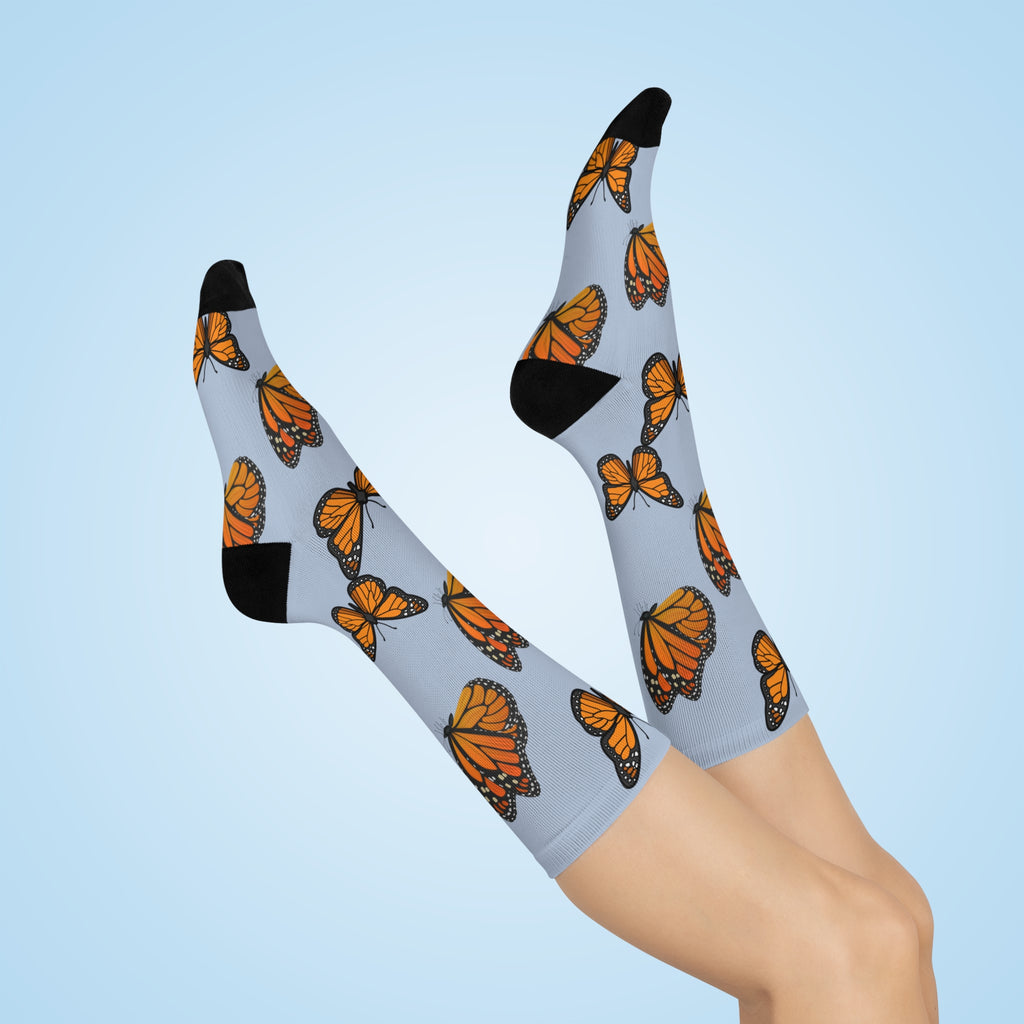 Monarch Miracle Women's Light Blue Butterfly  Cushioned Heel &Toe Super Crew Stretch Socks! Match With CC Blu's SlumberWear.