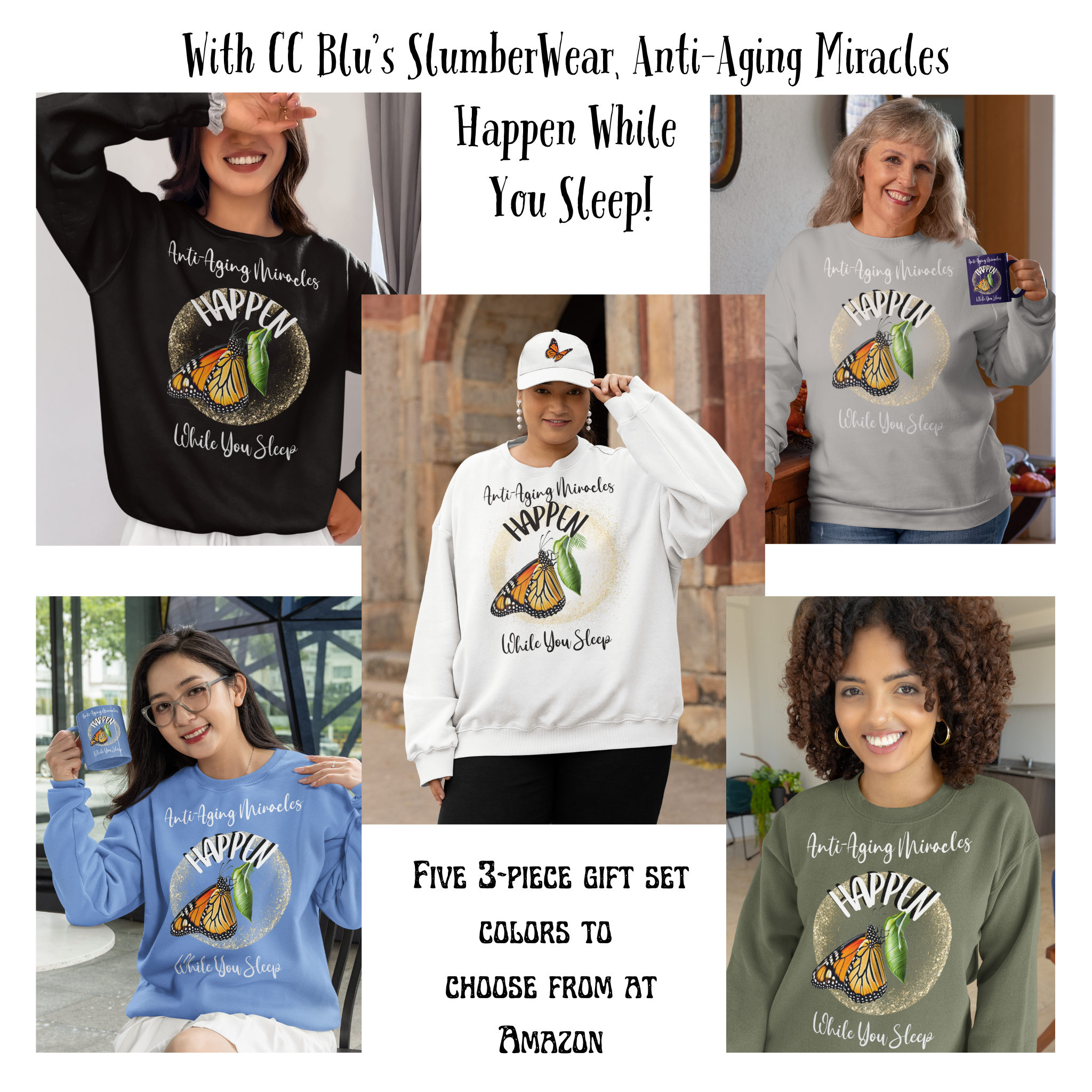 Women's Inspirational Monarch Sports Grey Sweatshirt Pajama Top! Mix & Match CC Blu's PJ Pants & Socks To Enhance Your Sleep!