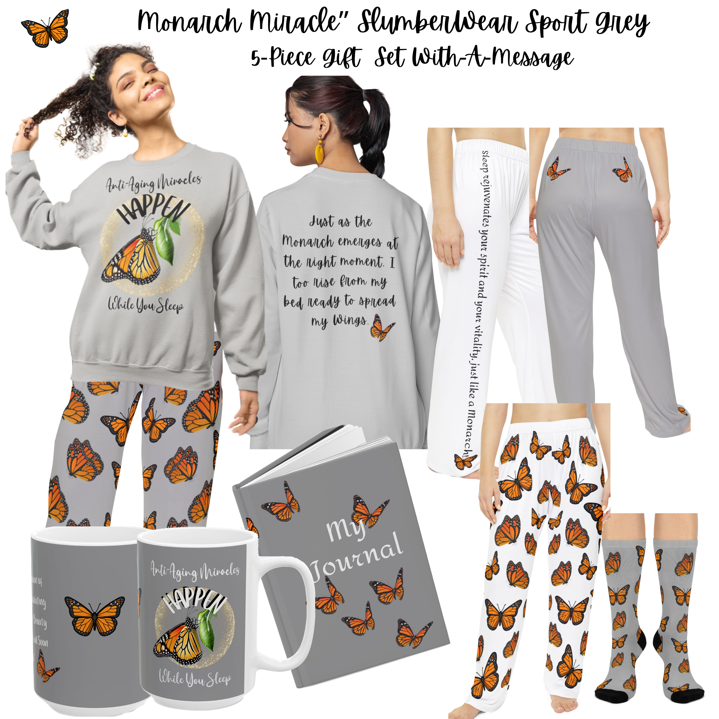 Women's Inspirational Monarch Sports Grey Sweatshirt Pajama Top! Mix & Match CC Blu's PJ Pants & Socks To Enhance Your Sleep!