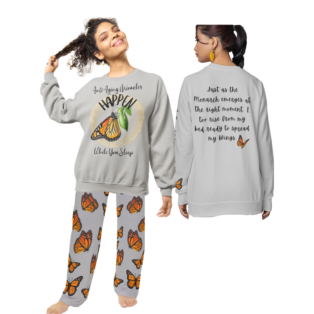 Women's Inspirational Monarch Sports Grey Sweatshirt Pajama Top! Mix & Match CC Blu's PJ Pants & Socks To Enhance Your Sleep!