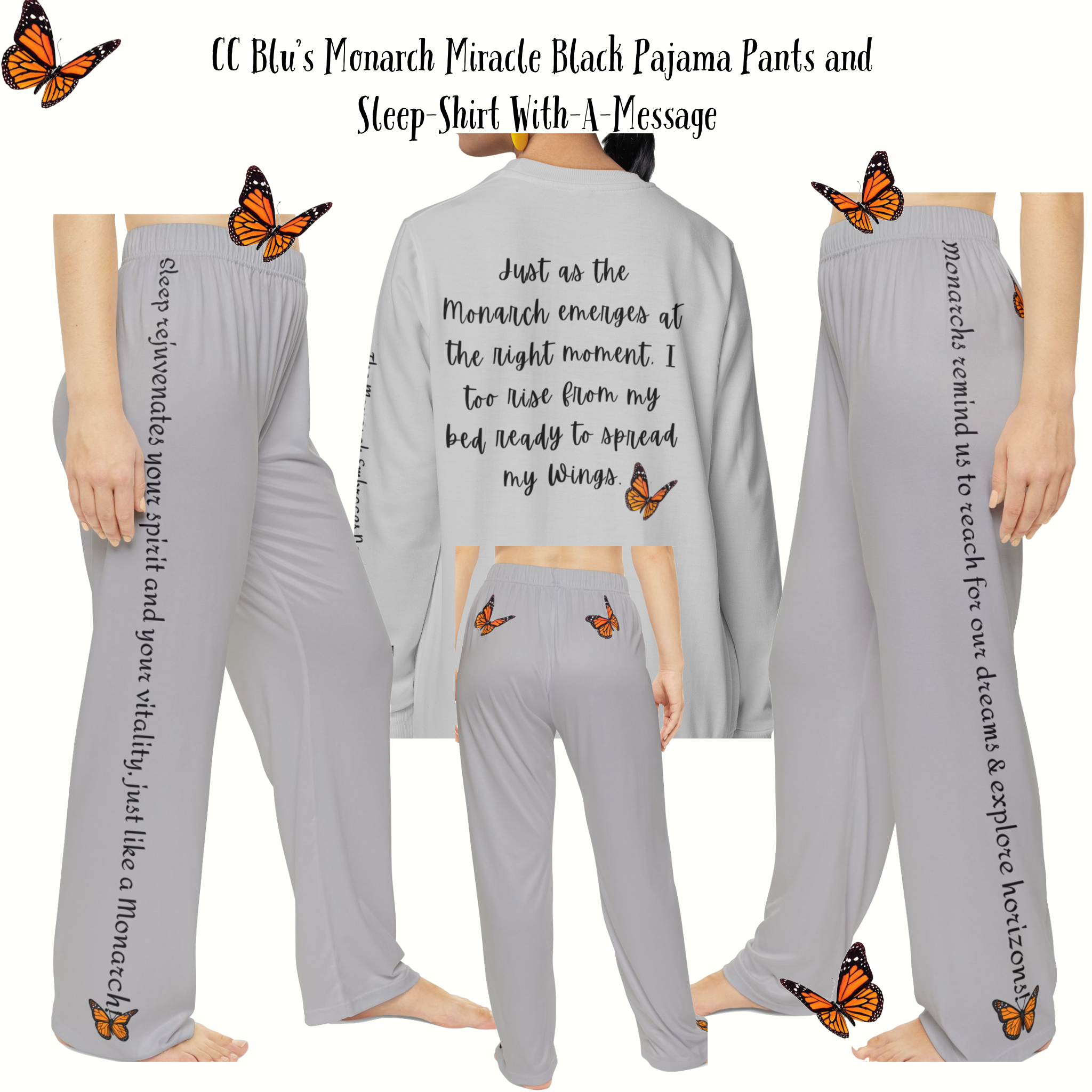 Women's Inspirational Monarch Sports Grey Sweatshirt Pajama Top! Mix & Match CC Blu's PJ Pants & Socks To Enhance Your Sleep!