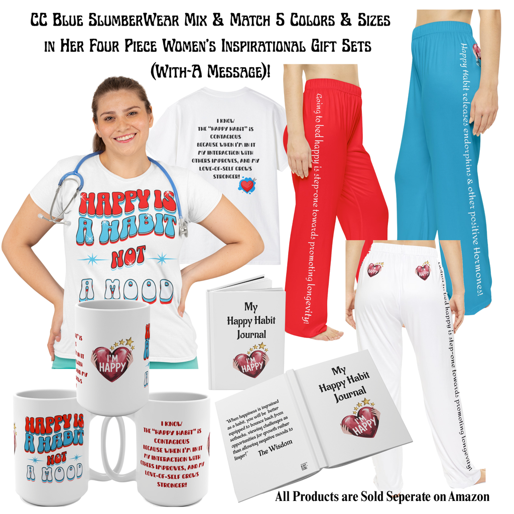 Women's White  Happy Habit Pajama Bottoms With An Inspirational Message! Mix & Match With CC Blu's PJ Sleeper To, Socks & Mug!