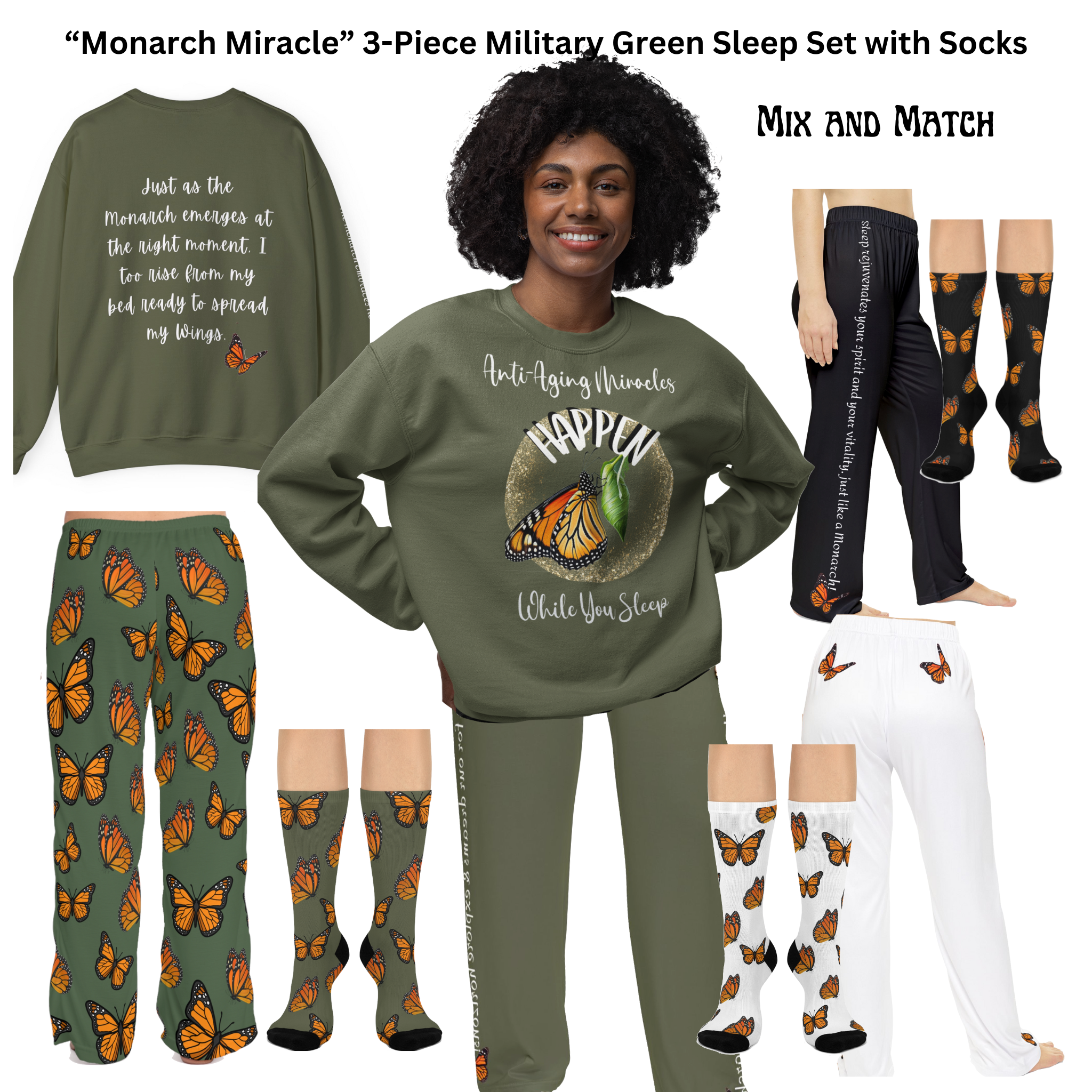 Women's Military Green Sweatshirt Style Pajama Top With-A-Message Mix & Matches CC Blu's PJ Pants & Socks Gift Sets