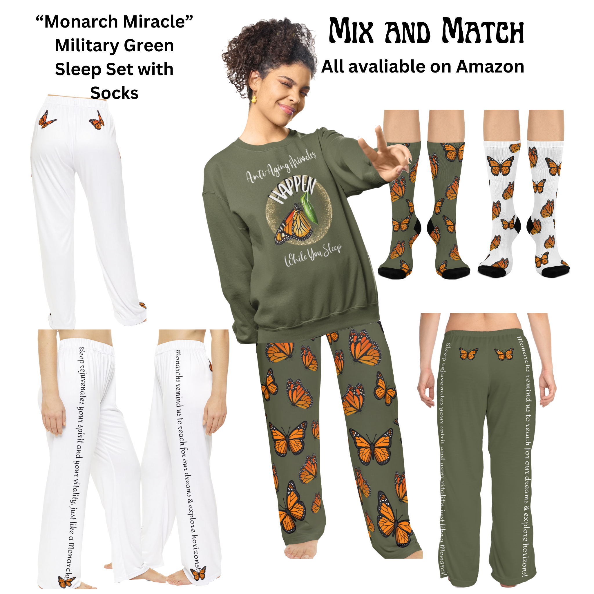 Women's Military Green Sweatshirt Style Pajama Top With-A-Message Mix & Matches CC Blu's PJ Pants & Socks Gift Sets