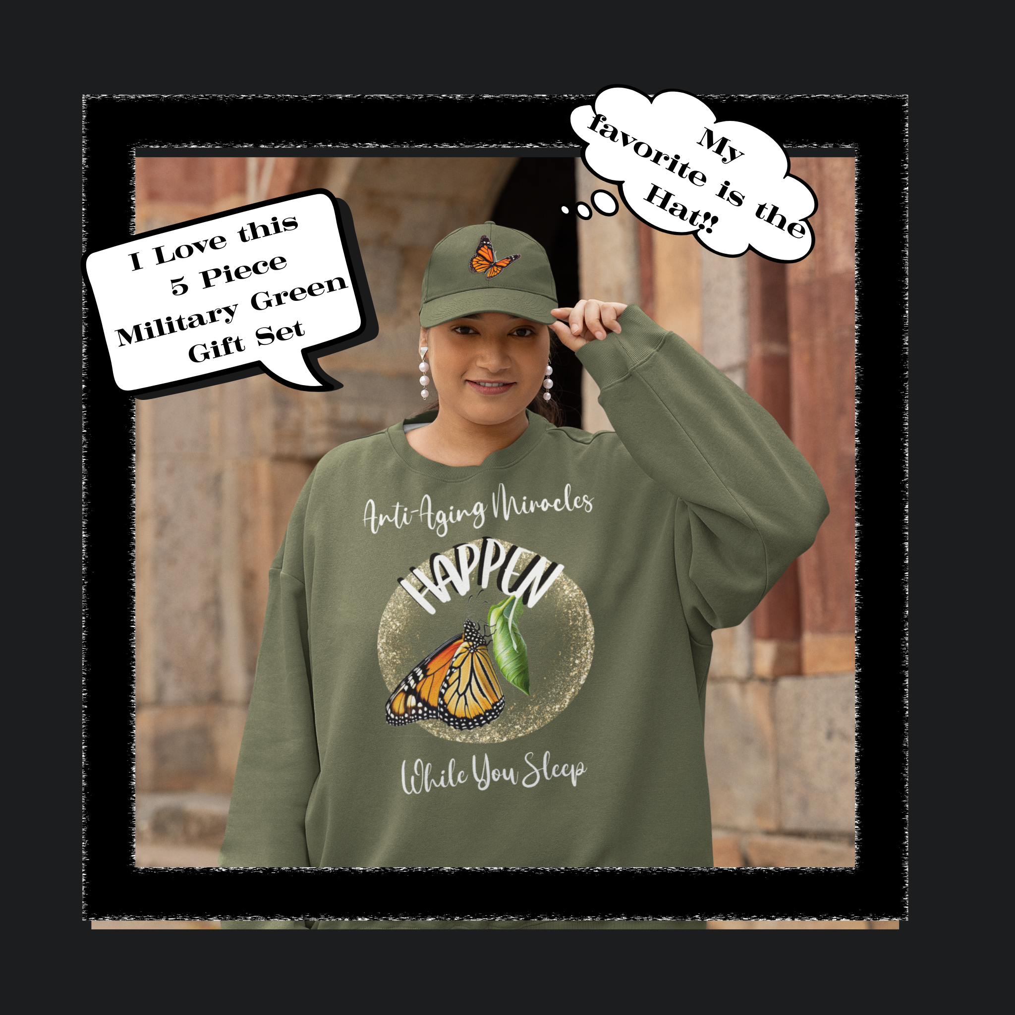 Women's Military Green Sweatshirt Style Pajama Top With-A-Message Mix & Matches CC Blu's PJ Pants & Socks Gift Sets