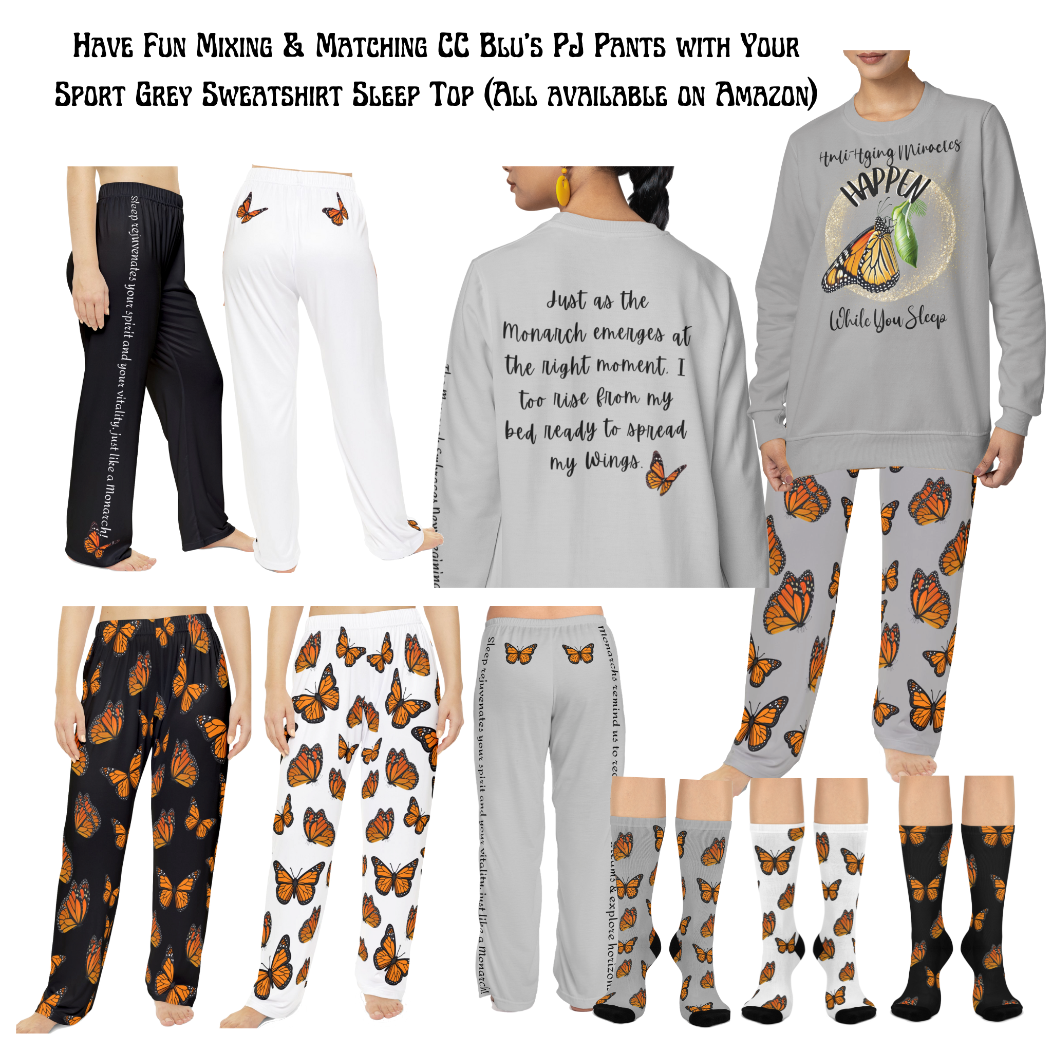 Women's Inspirational Sport Grey Monarch PJ Bottoms With-A-Message! Mix & Match With CC Blu's SlumberWear Gift Sets For Women