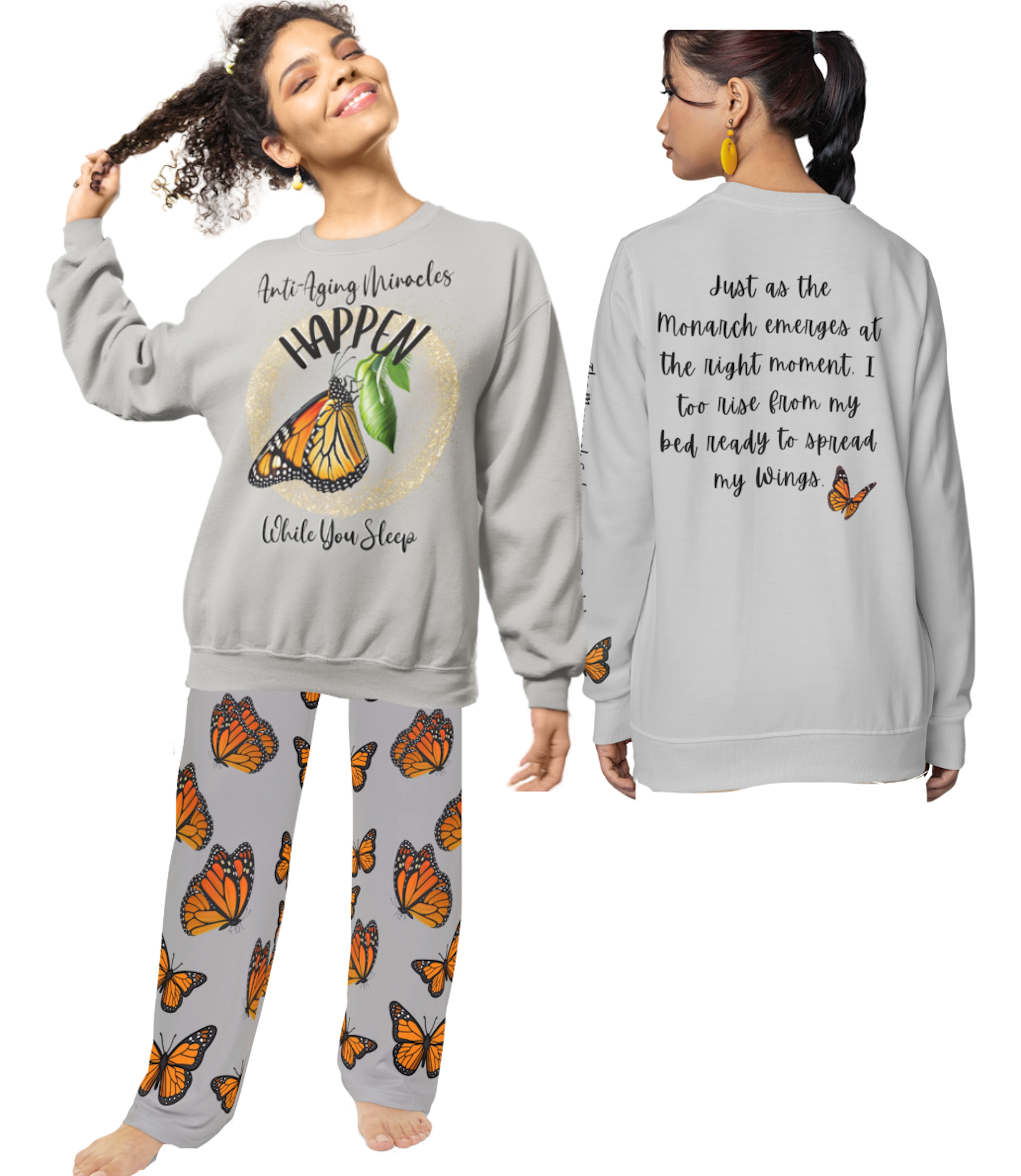 Monarch Inspirational Sport Grey Butterfly Pajama Pants. Mix & Match With CC Blu's Sweatshirt Sleep-Top & Socks!
