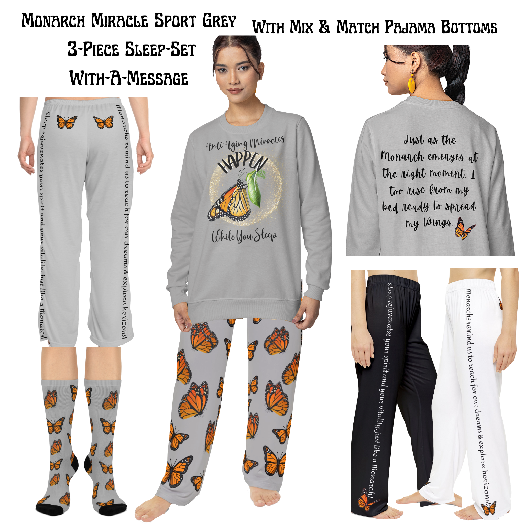 Monarch Inspirational Sport Grey Butterfly Pajama Pants. Mix & Match With CC Blu's Sweatshirt Sleep-Top & Socks!
