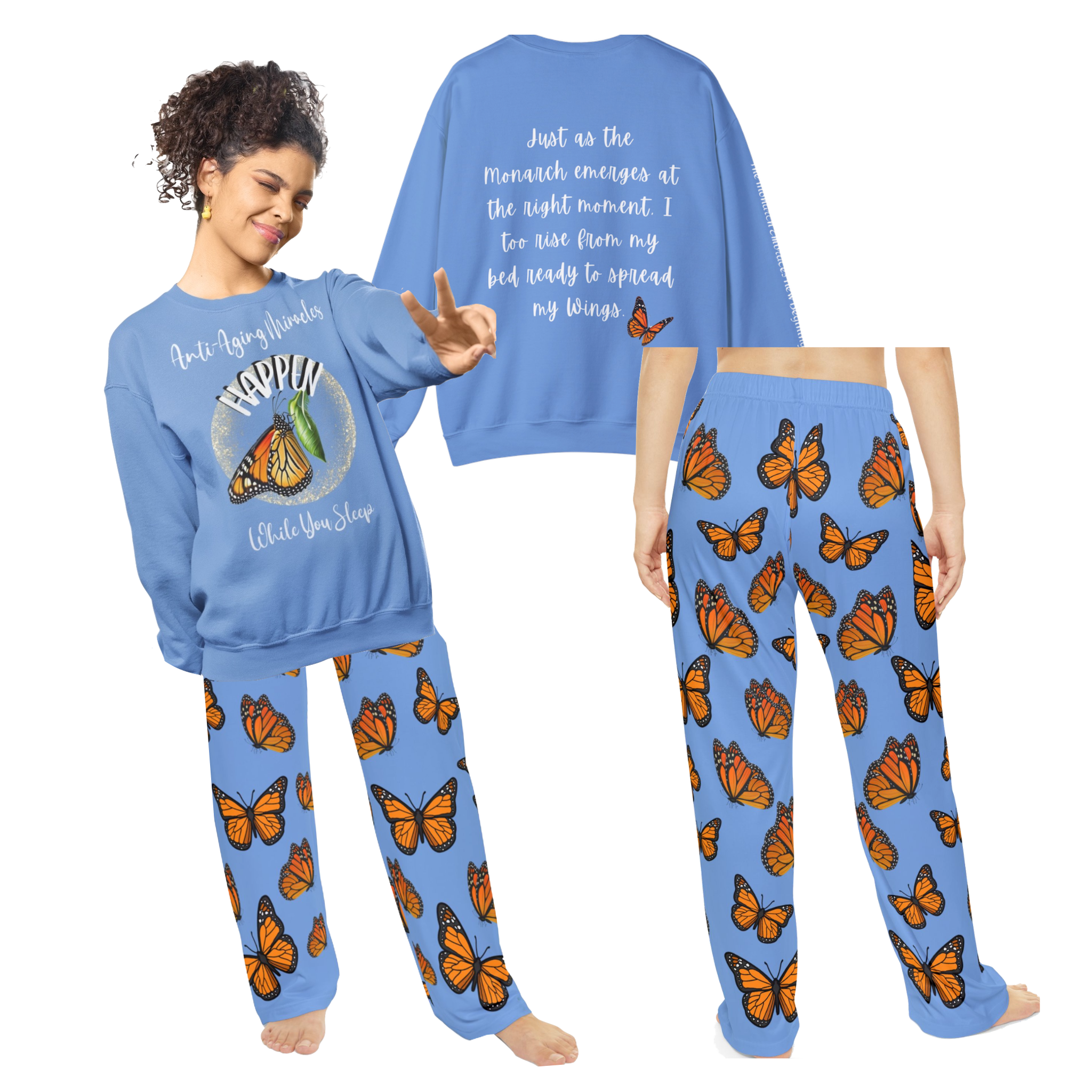 Women's Monarch Inspirational Carolina Blue Butterfly Pajama Pants!  Mix & Match CC Blu's Sweatshirt Sleep-Top & Socks!