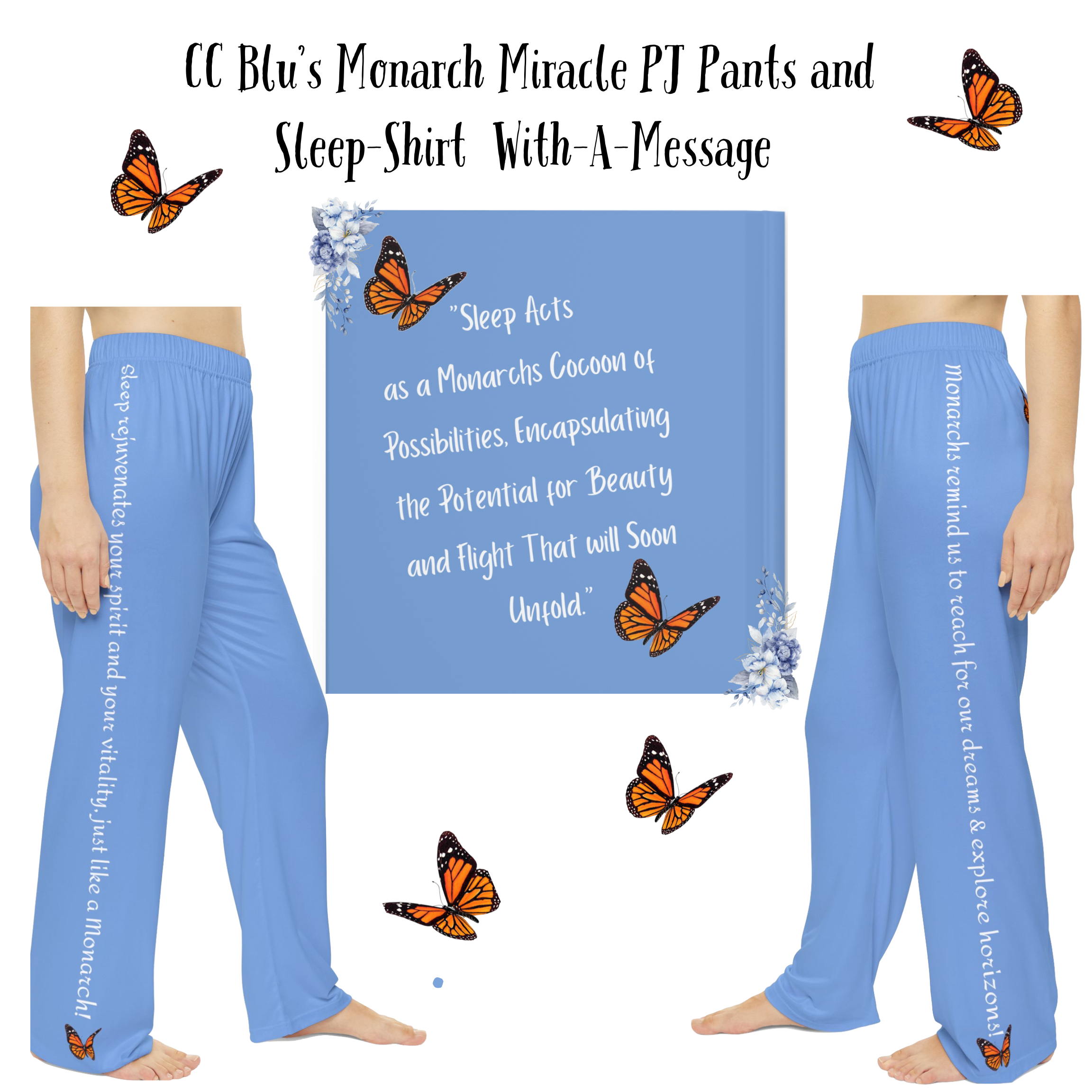 Women's Carolina Blue Monarch Inspirational Pajama Pants With-A-Message ! Mix & Match With All CC Blu's Monarch SlumberWear.