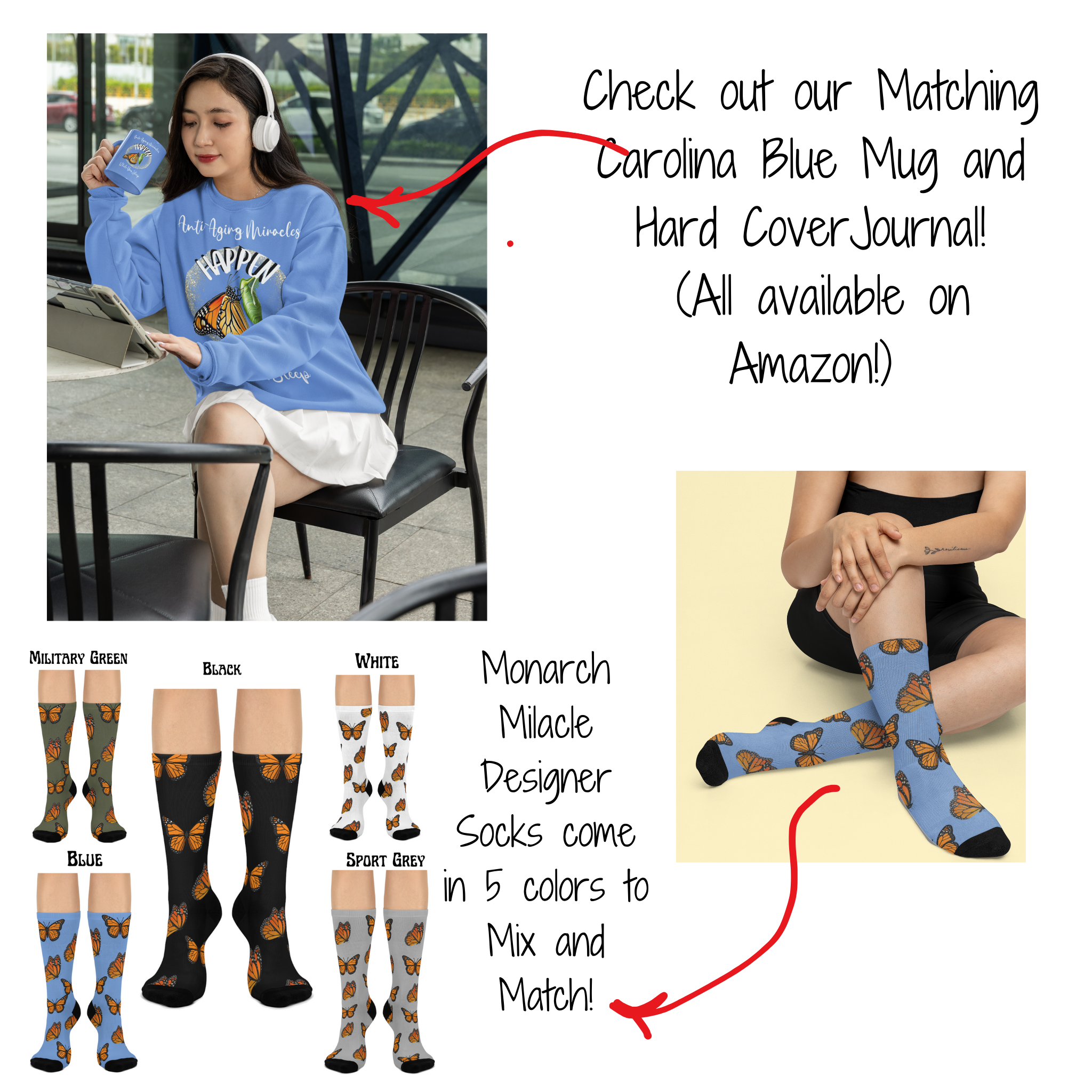 Monarch Miracle Inspirational Carolina Blue Cushioned Heel-&-Toe Stretch Socks. Mix & Match With Gift Sets.
