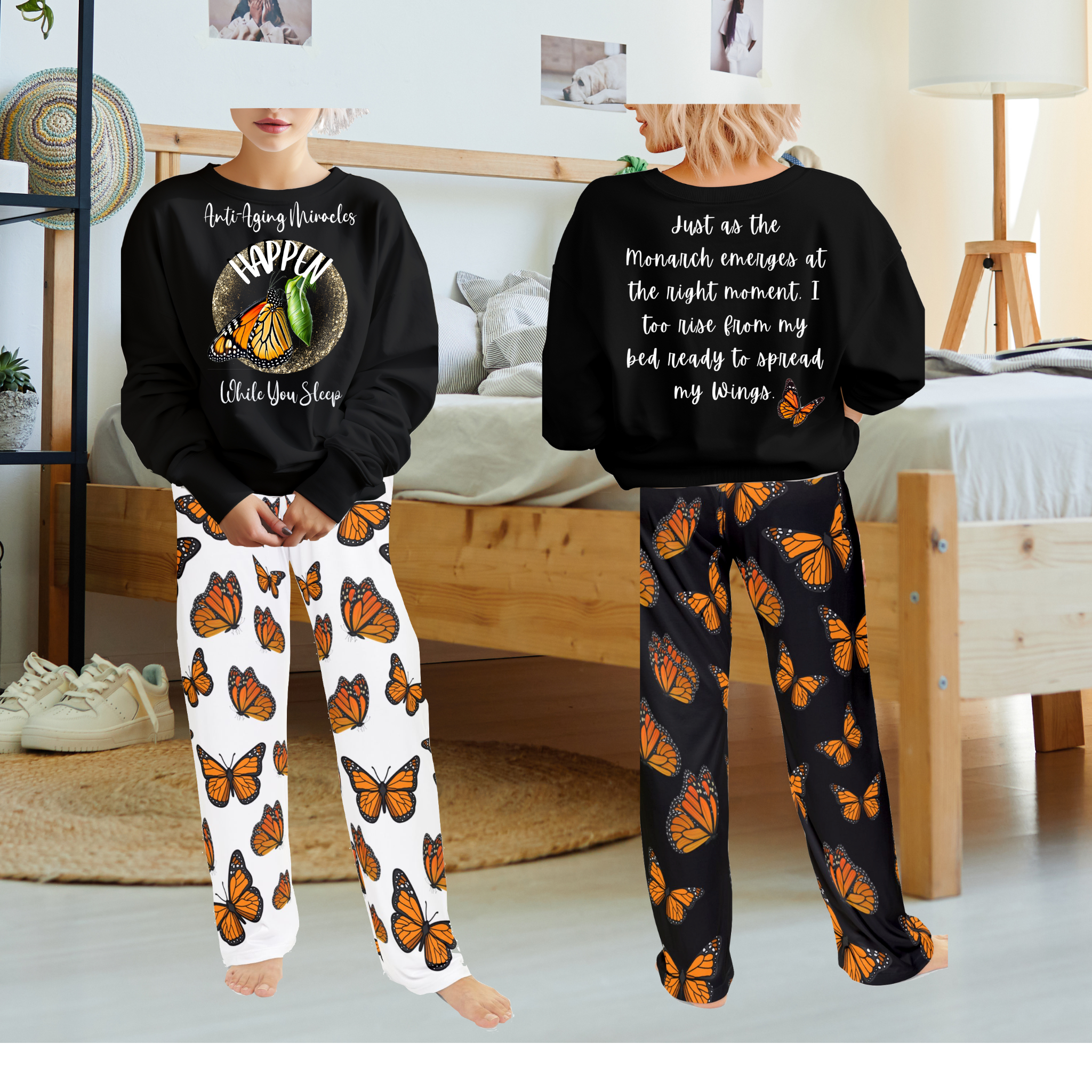 Women's Monarch Miracle Inspirational Black Sweatshirt-Style Pajama Sleep-Top With-A-Message!