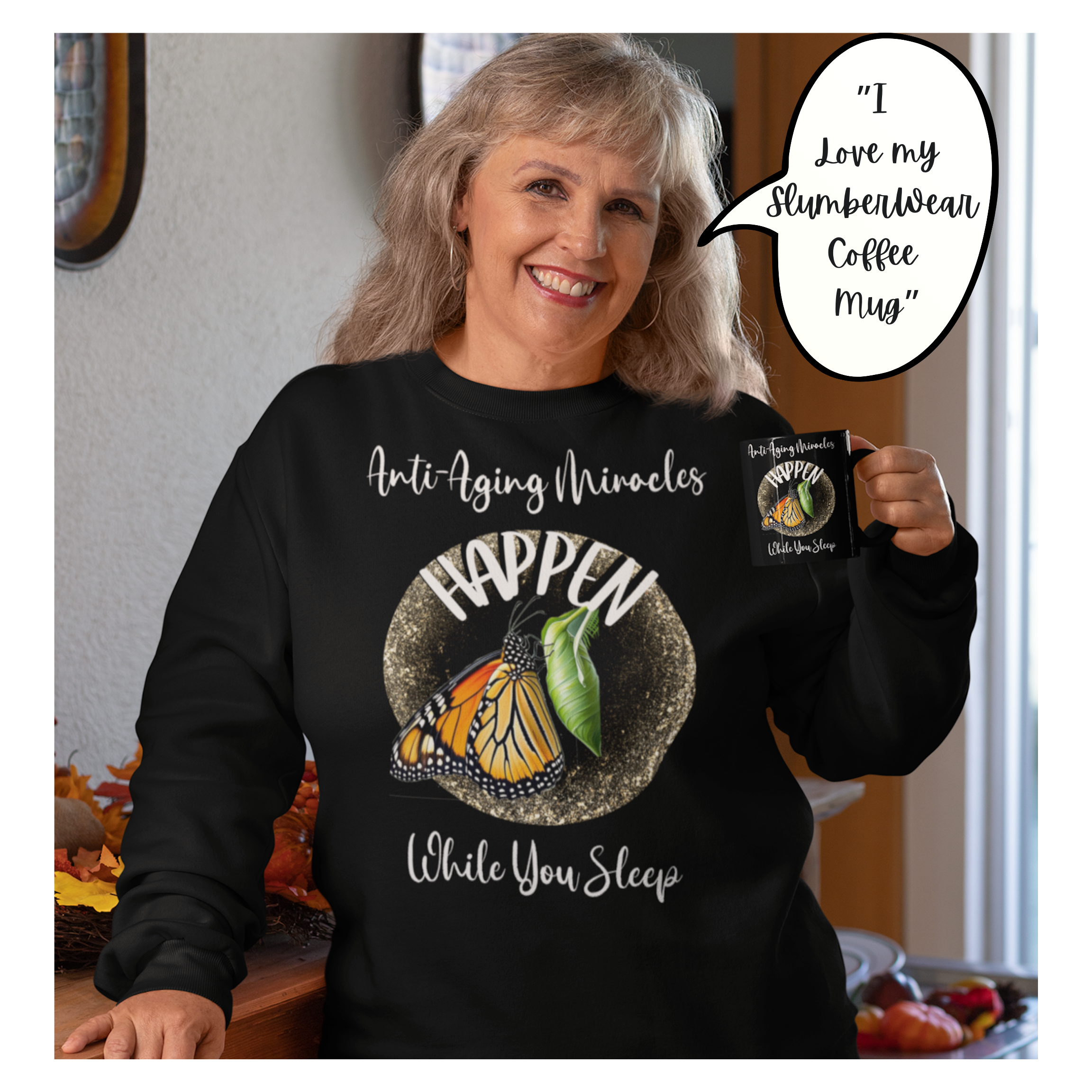Women's Monarch Miracle Inspirational Black Sweatshirt-Style Pajama Sleep-Top With-A-Message!