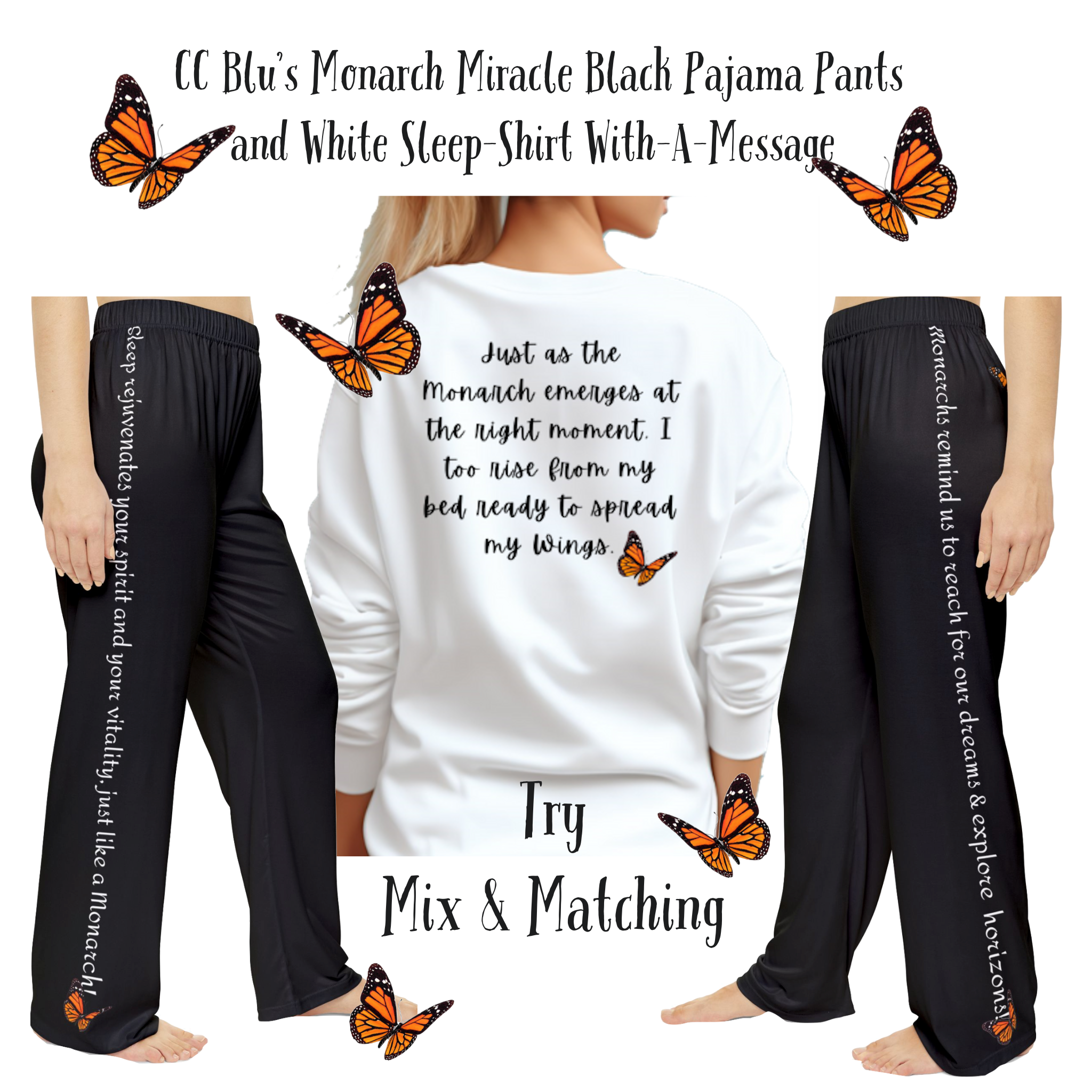 Women's Monarch Miracle  Inspirational Black Pajama Pants With-A-Message! Mix & Match With CC Blu's Sweatshirt Sleep-Top & Socks!