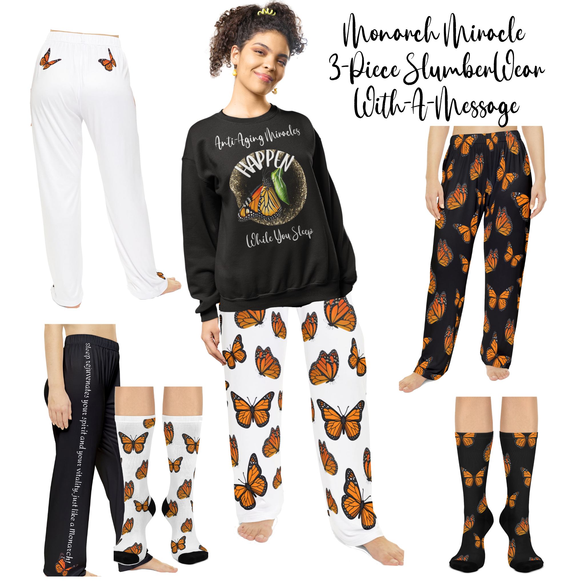 Women's Inspirational Monarch Miracle Black Butterfly Pajama Pants. Mix & March With CC Blu's Sleep Tops & Socks!