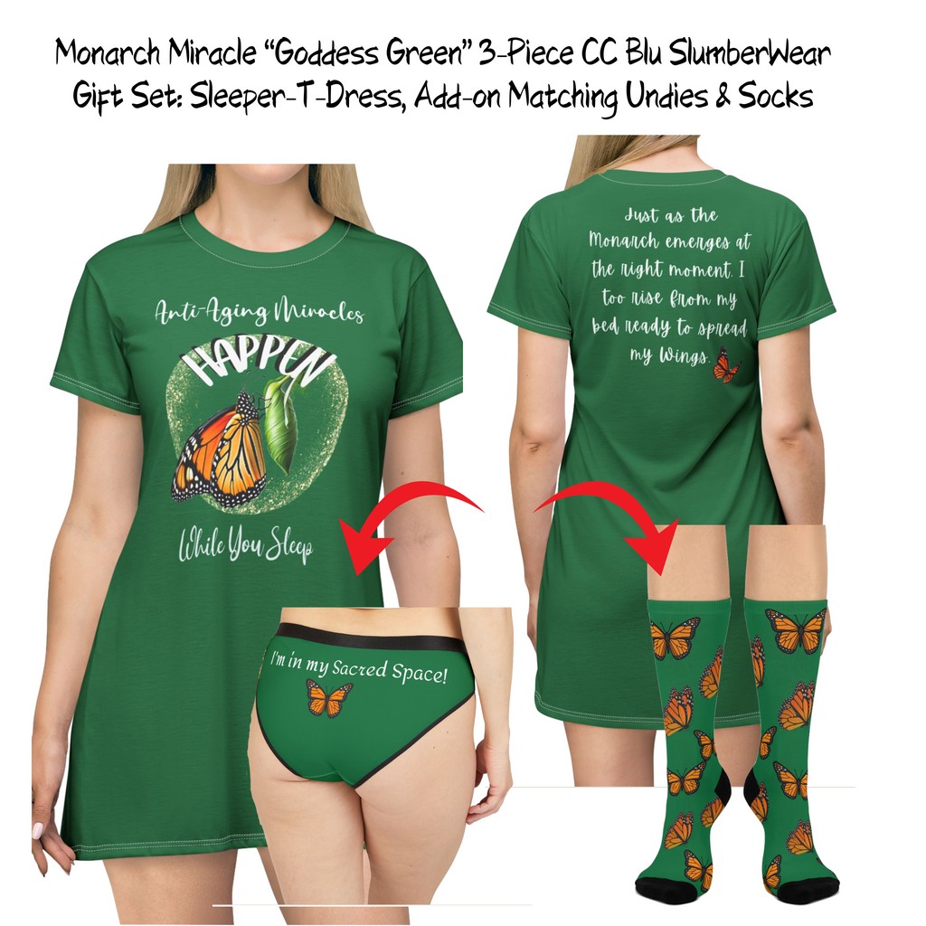 Monarch Miracle Green Goddess Sleeper T-Dress With-A-Message  Matches CC Blu's SlumberWear Undies & Socks!