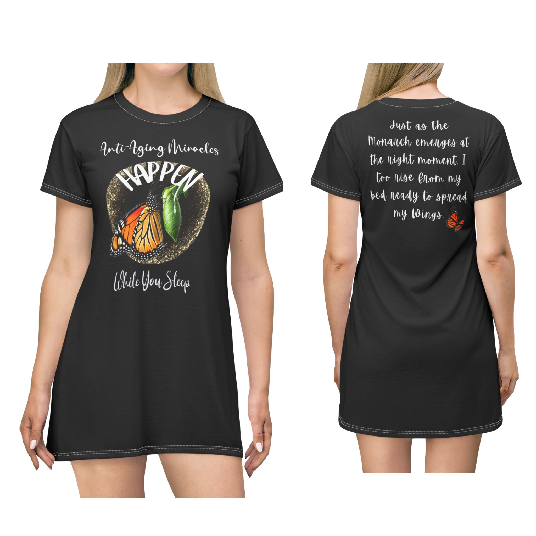 Women's  Monarch Miracle Bashful Black Sleeper T-Dress With Inspirational Message! Add CC Blu's Matching Undies & Socks!