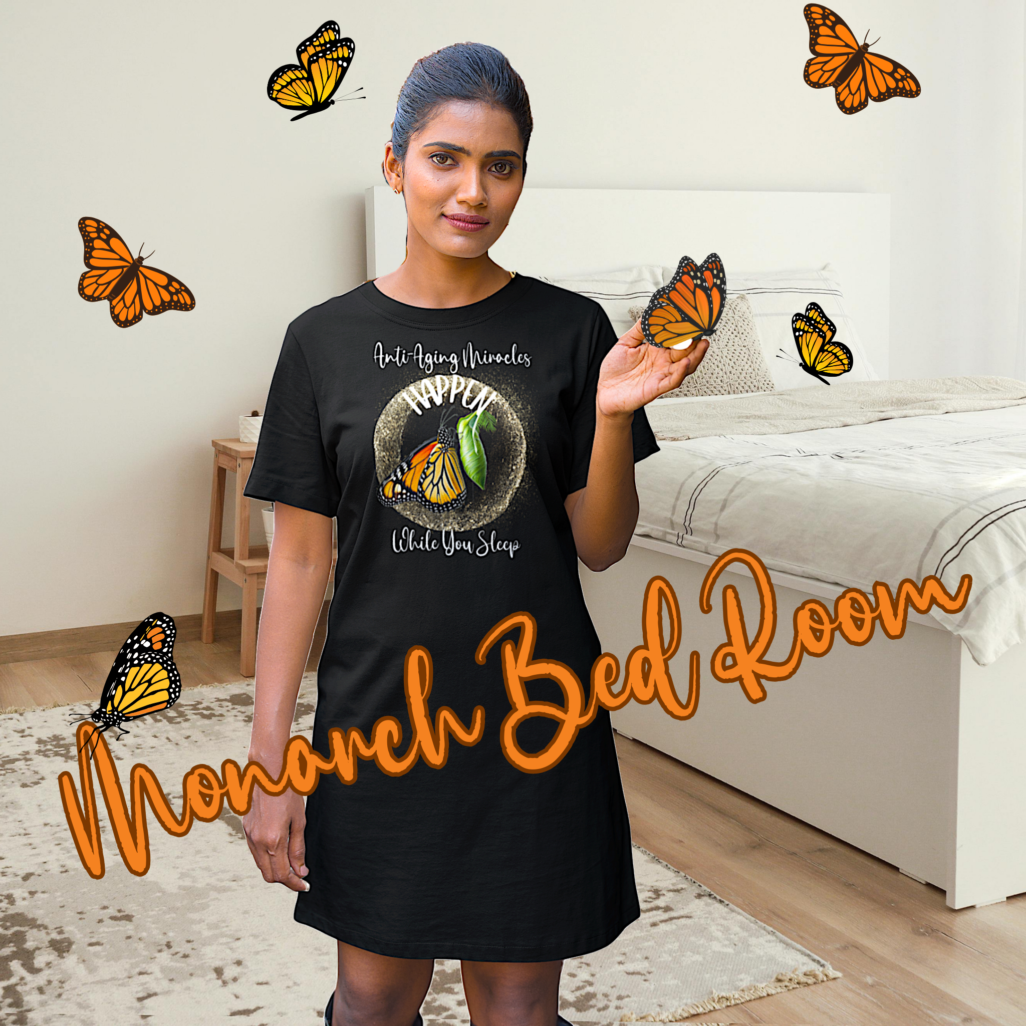 Women's  Monarch Miracle Bashful Black Sleeper T-Dress With Inspirational Message! Add CC Blu's Matching Undies & Socks!