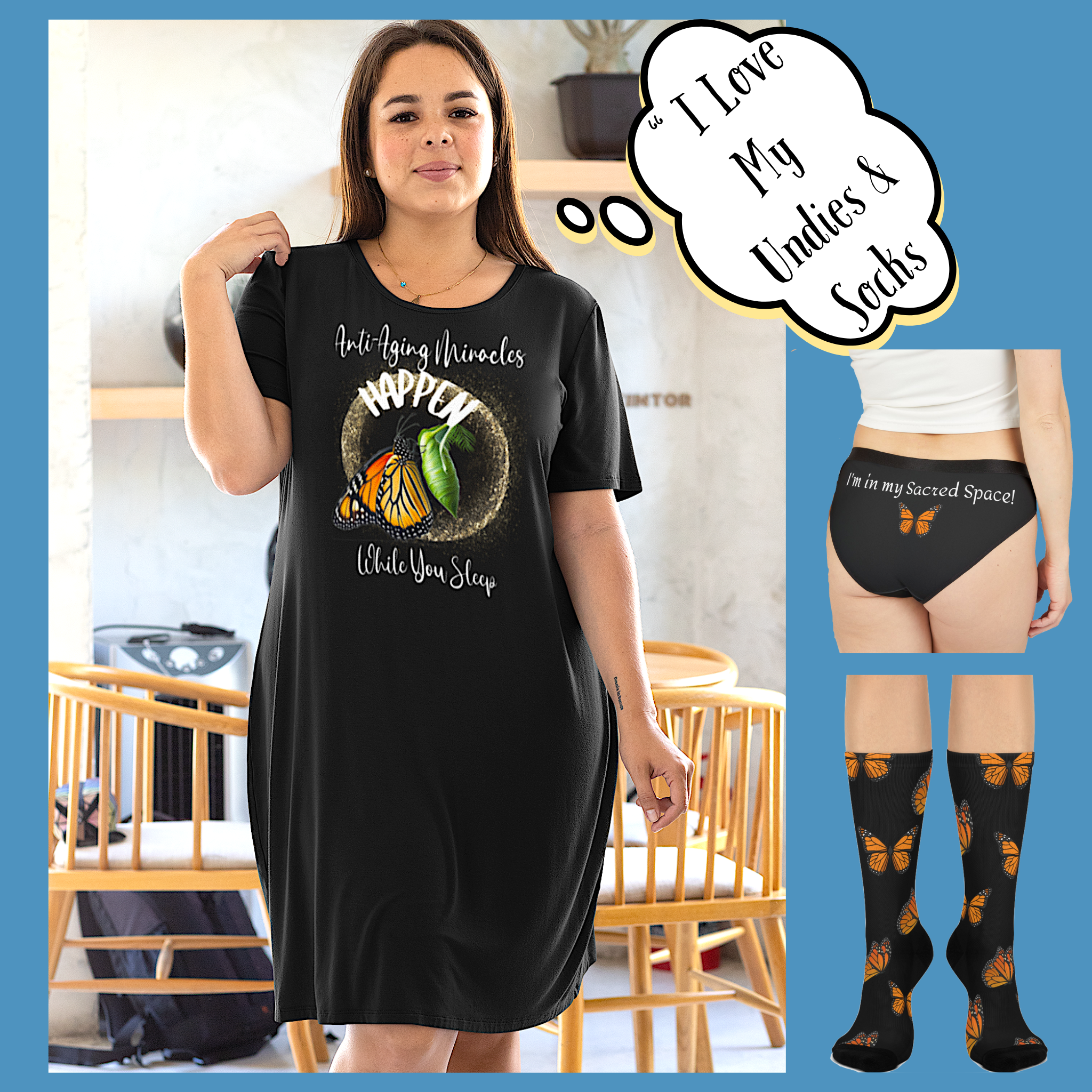 Women's  Monarch Miracle Bashful Black Sleeper T-Dress With Inspirational Message! Add CC Blu's Matching Undies & Socks!