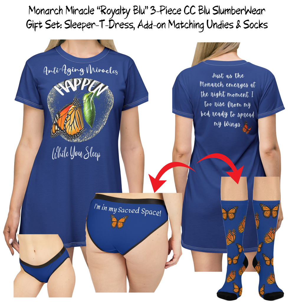 Woman's Monarch Miracle Inspired Royalty Blue Sleeper T-Dress With-A-Message That Matches CC Blu's SlumberWear Undies & Socks!
