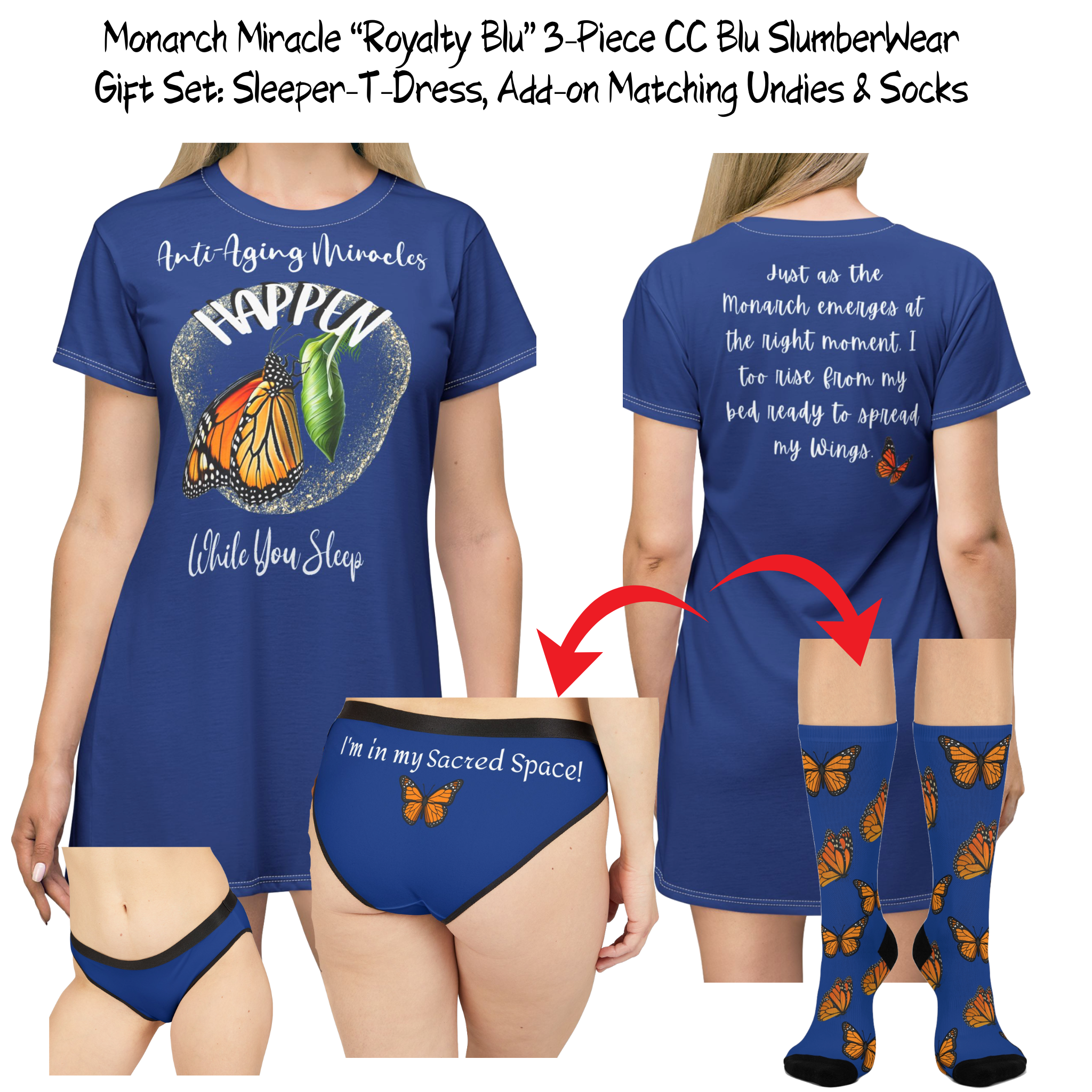 Woman's Monarch Miracle Inspired Royalty Blue Sleeper T-Dress With-A-Message That Matches CC Blu's SlumberWear Undies & Socks!