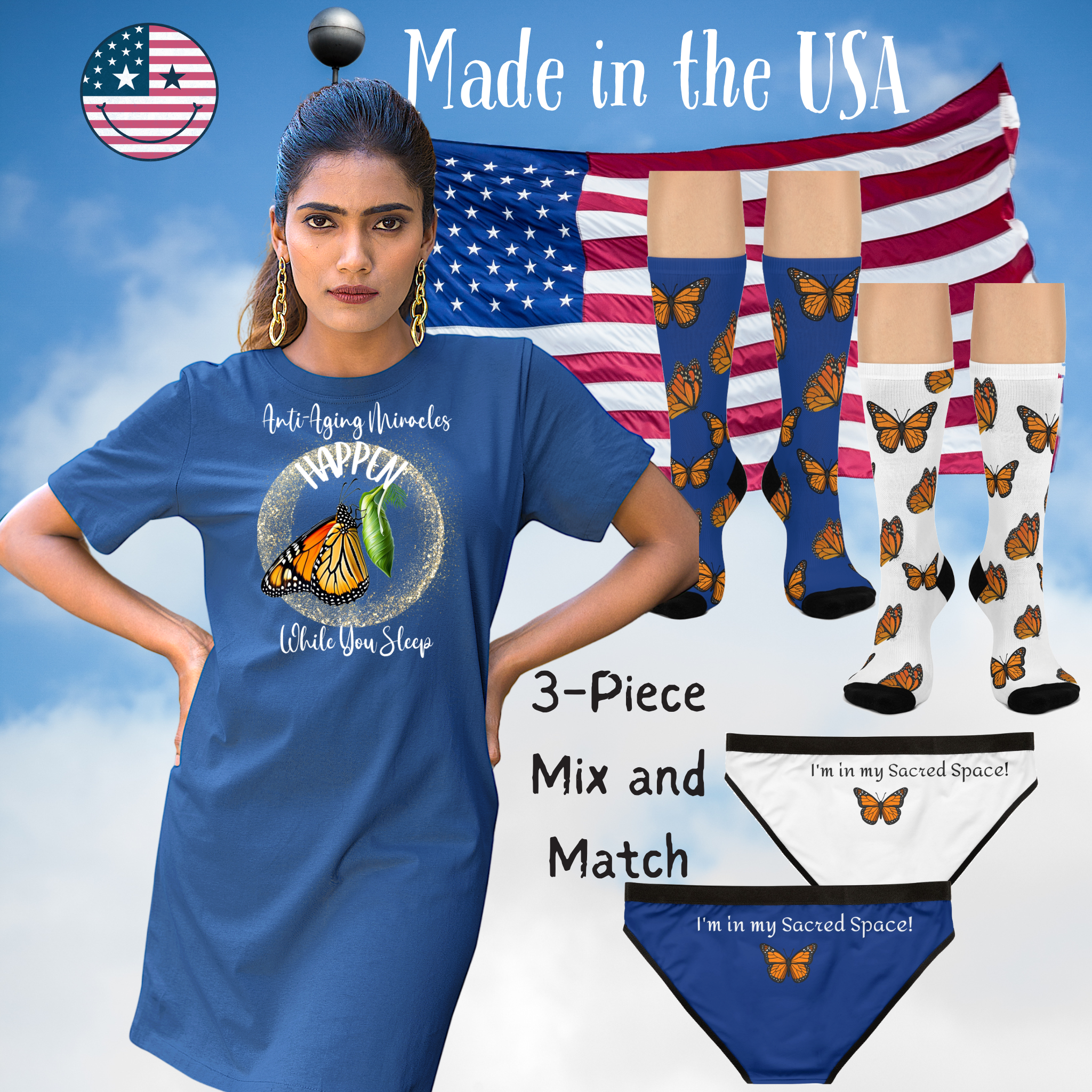 Woman's Monarch Miracle Inspired Royalty Blue Sleeper T-Dress With-A-Message That Matches CC Blu's SlumberWear Undies & Socks!