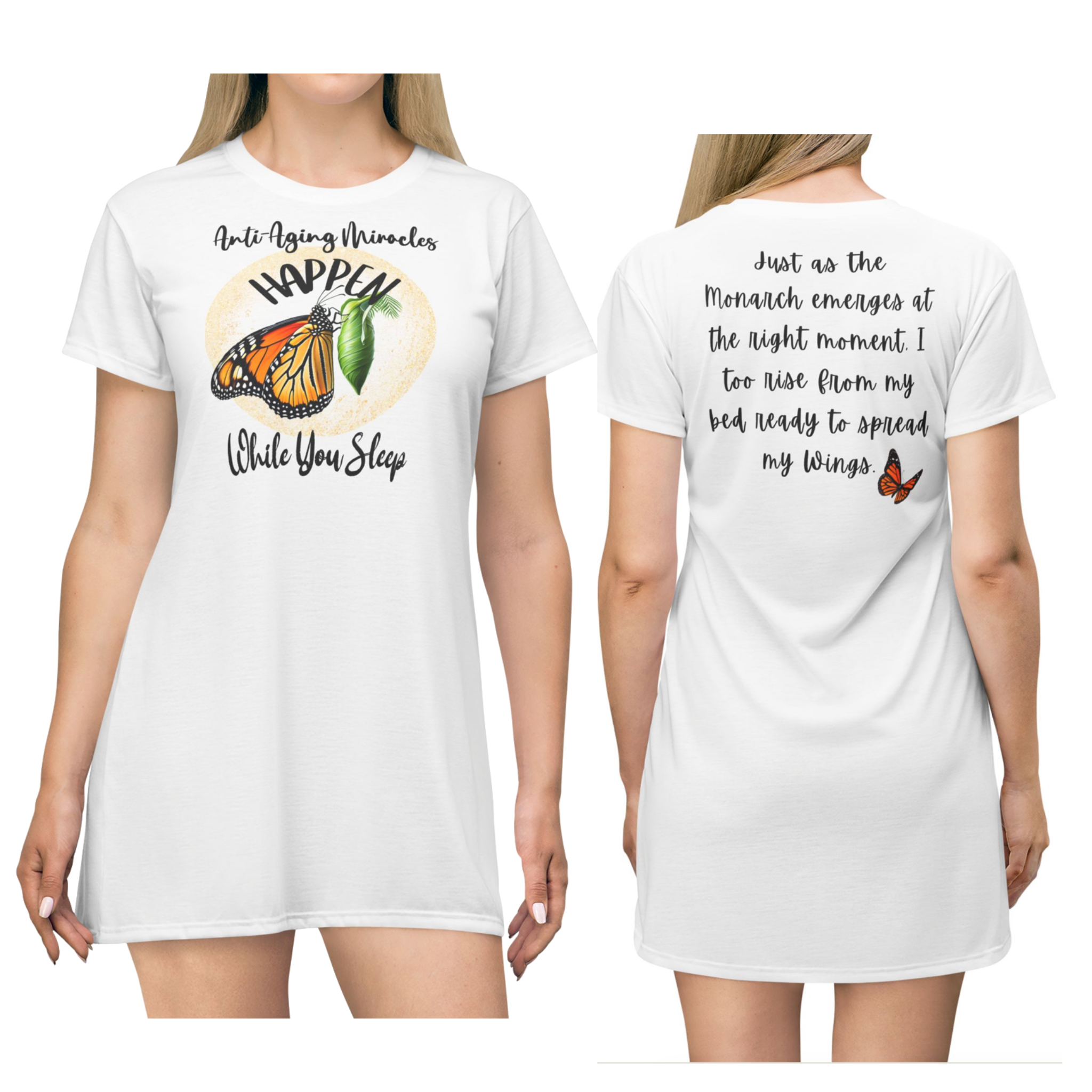 Inspirational Women's Monarch Miracle Wishful White Sleep Shirt T-Dress With-A-Message! Add CC Blu's Matching SlumberWear!