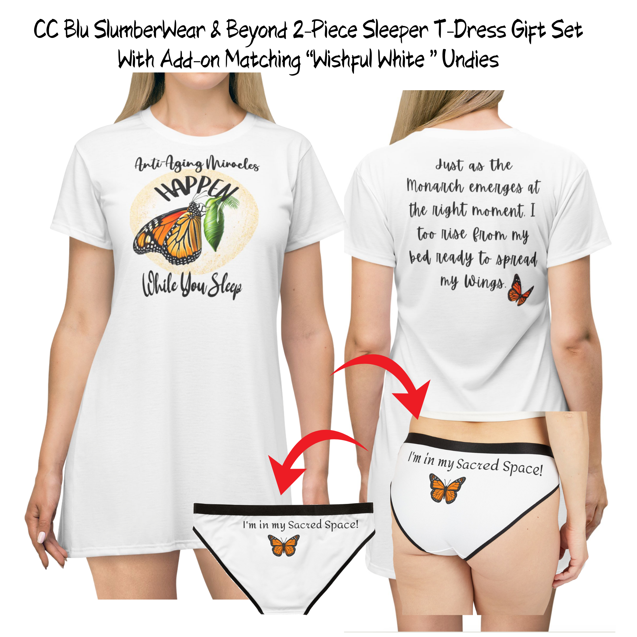 Inspirational Women's Monarch Miracle Wishful White Sleep Shirt T-Dress With-A-Message! Add CC Blu's Matching SlumberWear!