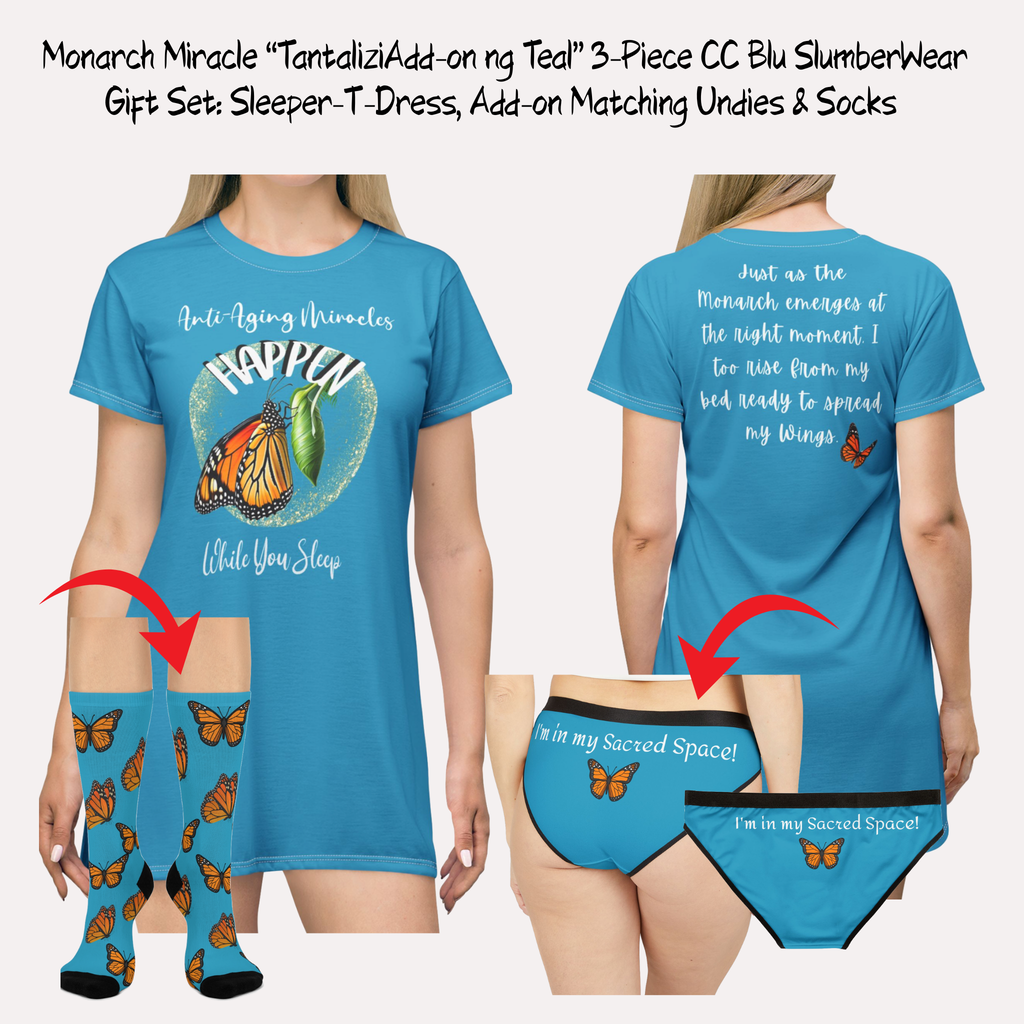 Women's Monarch Miracle Tantalizing Teal Inspirational Sleeper T-Dress With-A-Message! Mix & Match CC Blu's SlumberWear Undies & Socks!