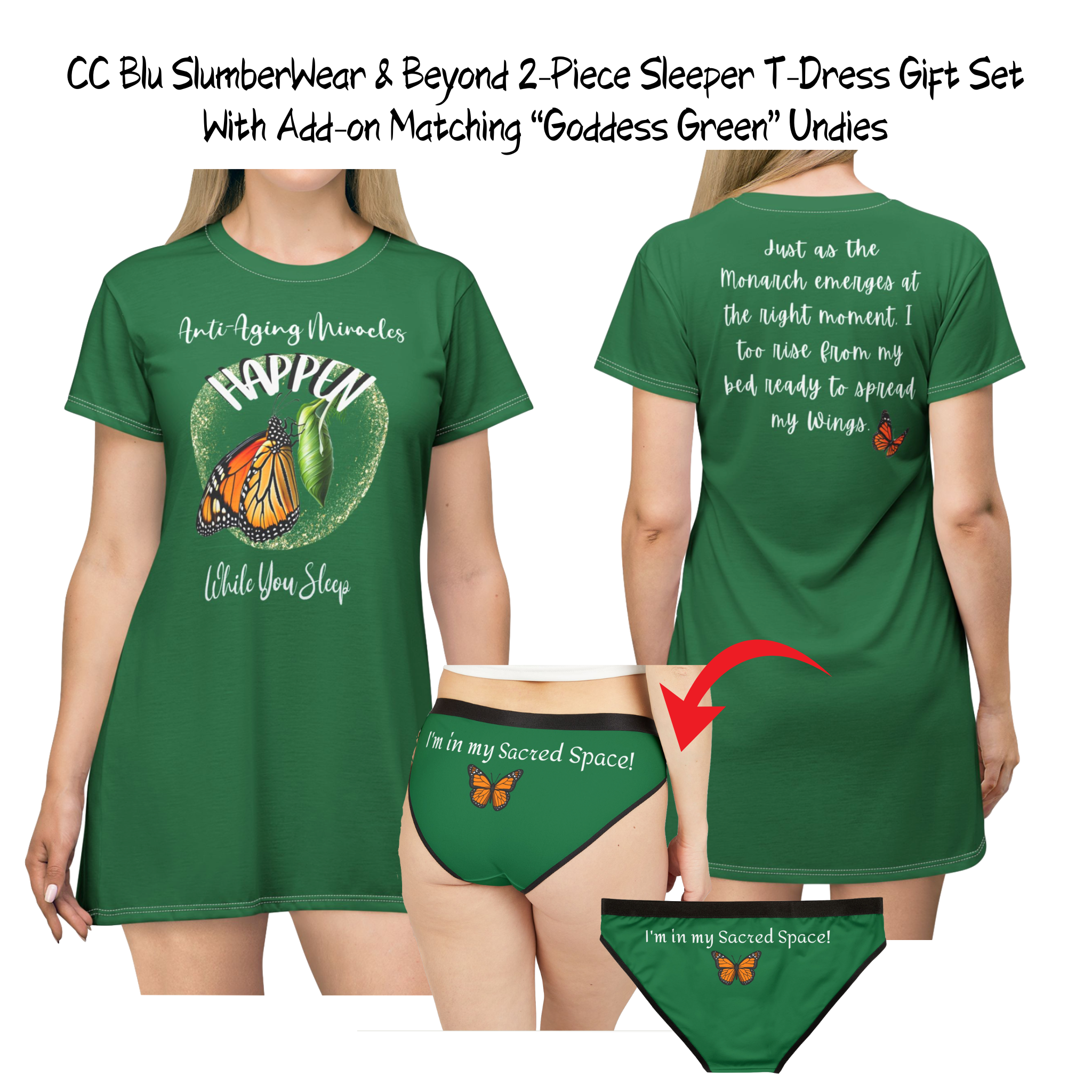 Women's Inspirational Monarch Miracle Goddess Green Hipster UnderWear With-A-Message. Buy It With CC Blu Matching SlumberWear T-Dress & Socks.