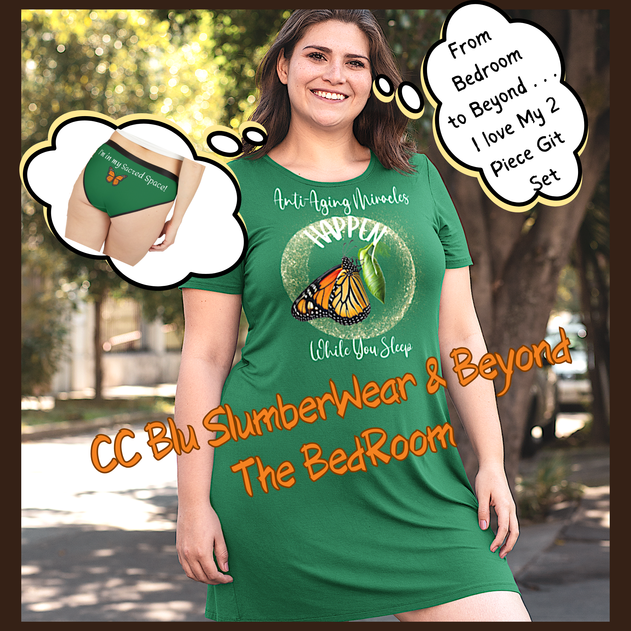 Women's Inspirational Monarch Miracle Goddess Green Hipster UnderWear With-A-Message. Buy It With CC Blu Matching SlumberWear T-Dress & Socks.