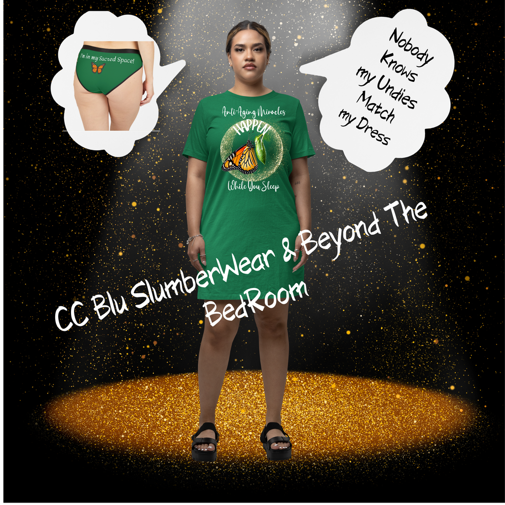 Women's Inspirational Monarch Miracle Goddess Green Hipster UnderWear With-A-Message. Buy It With CC Blu Matching SlumberWear T-Dress & Socks.