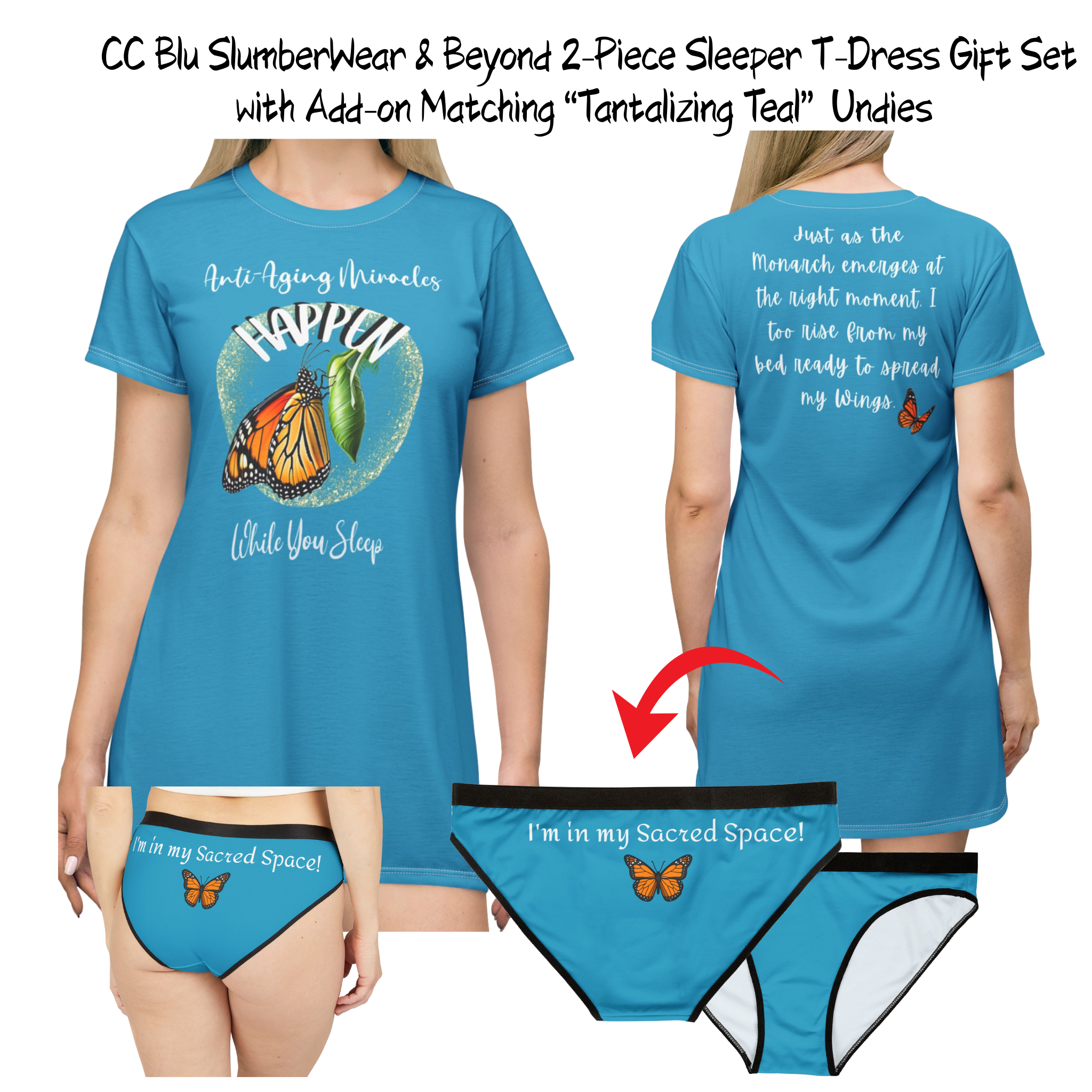 Inspirational Women's Monarch Miracle Tantalizing Teal Hipster Undies! Match-It-With CC Blu SlumberWear T-Dress & Socks!
