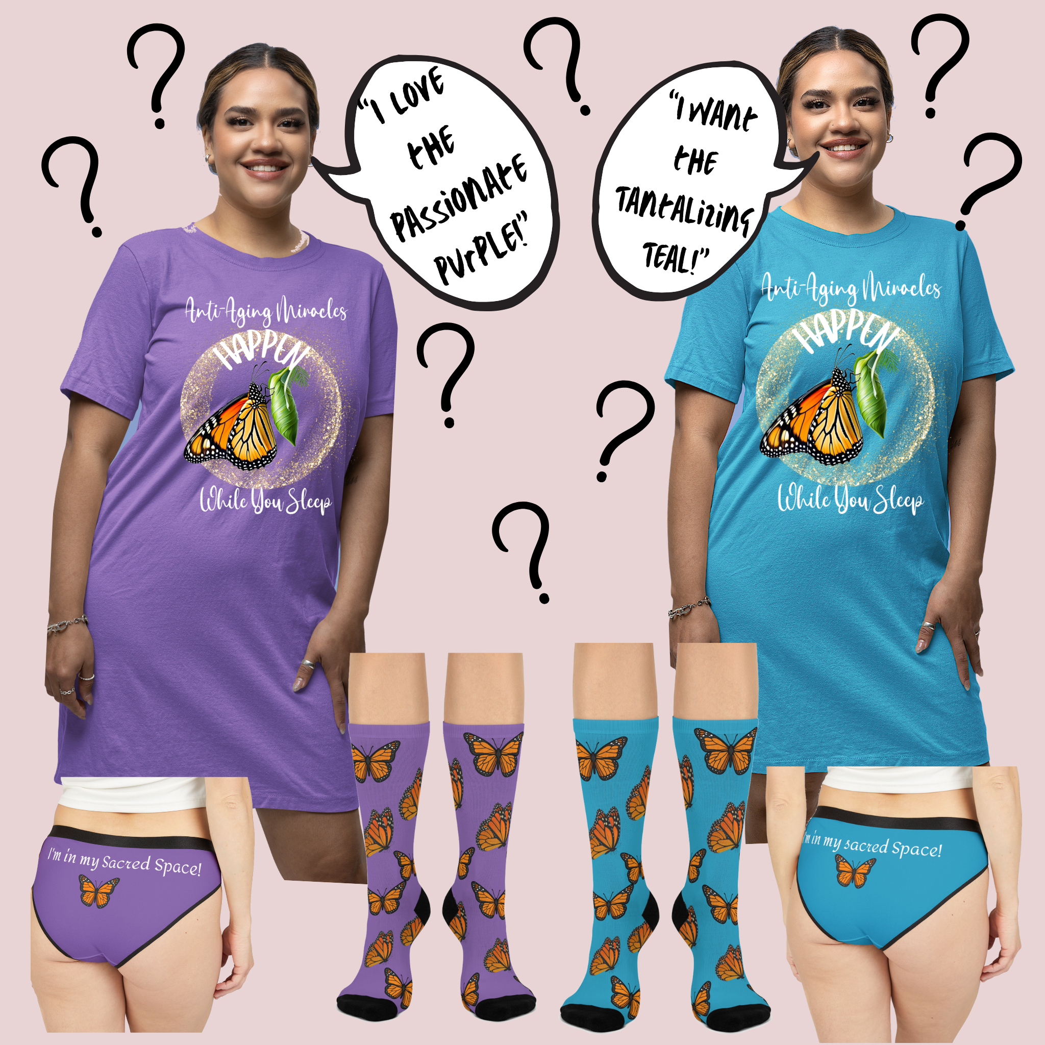 Inspirational Women's Monarch Miracle Tantalizing Teal Hipster Undies! Match-It-With CC Blu SlumberWear T-Dress & Socks!