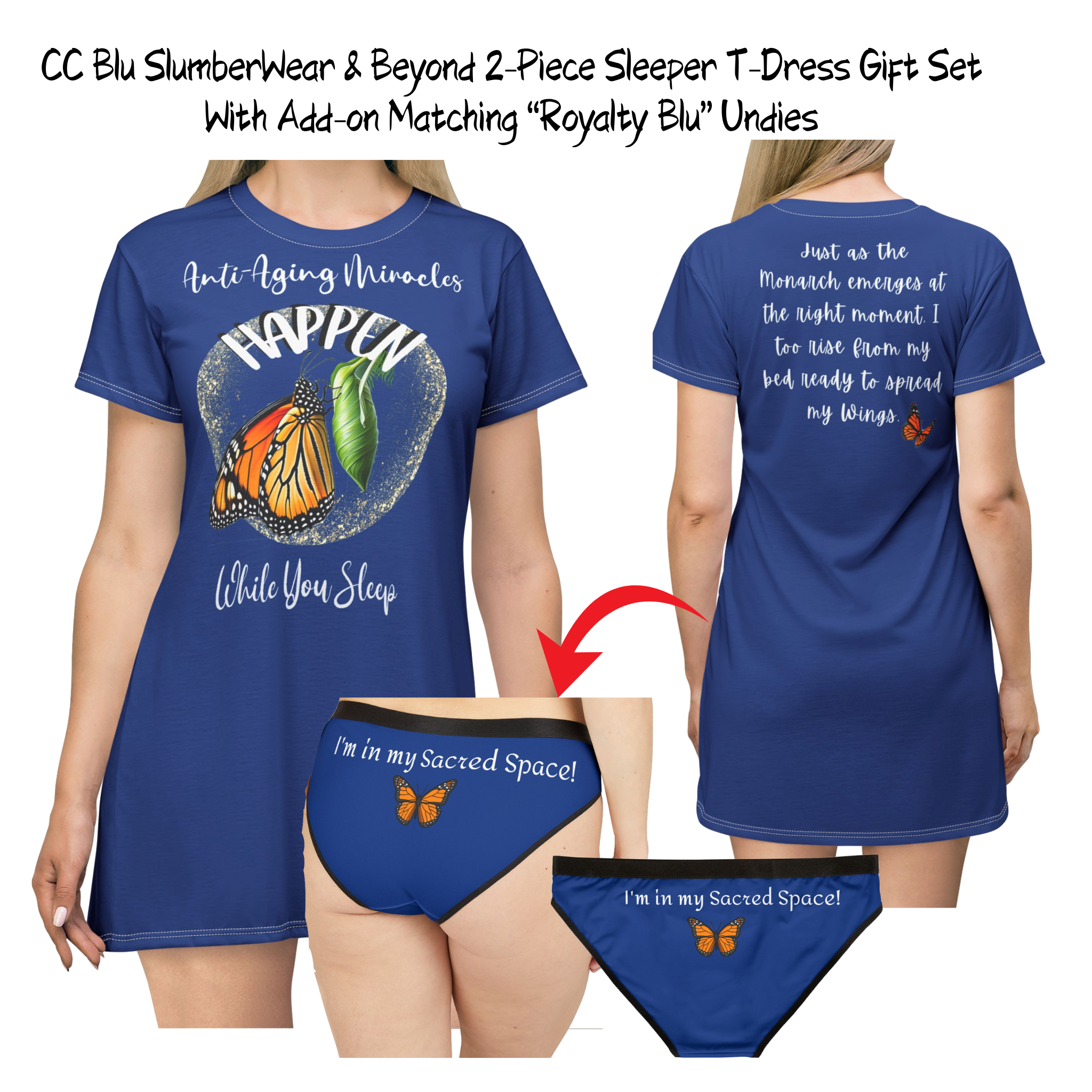 Women's Monarch Miracle Royalty Blue Hipster Underwear With-A-Message, Buy It With CC Blu Matching SlumberWear Sleeper T-Dress & Socks!
