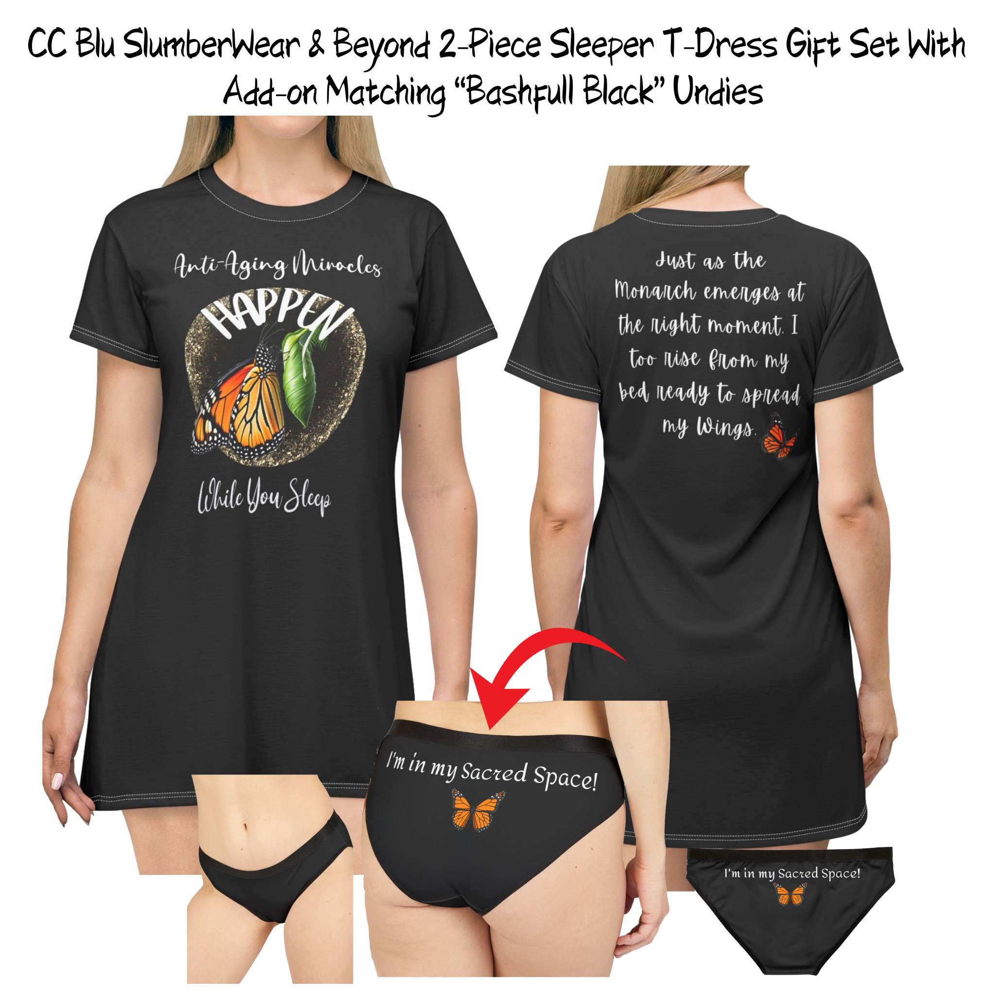 Women's Inspirational Monarch Miracle Bashful Black Hipster Undies! Match It With CC Blu's Sleepshirt T-Dress & Socks