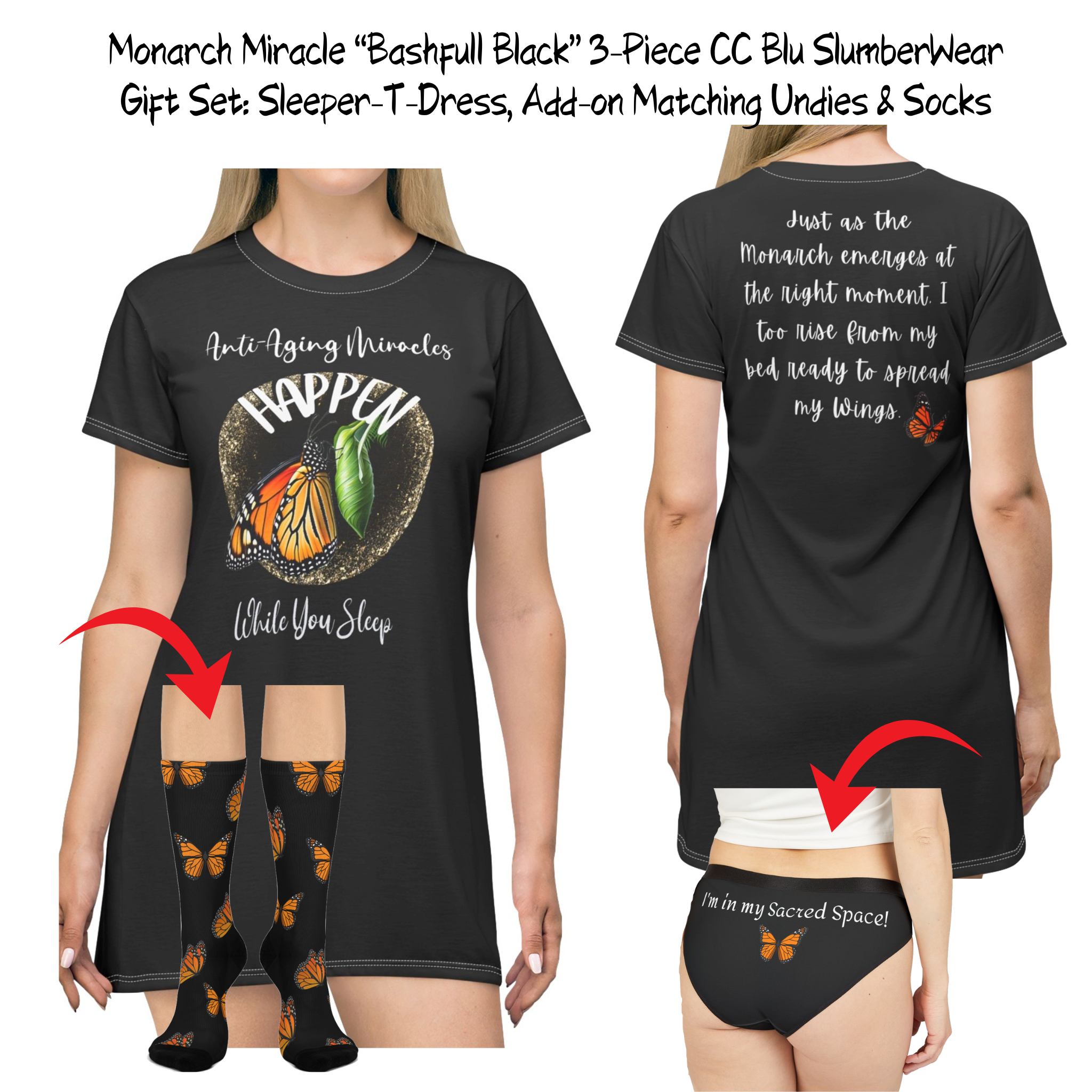 Women's Inspirational Monarch Miracle Bashful Black Hipster Undies! Match It With CC Blu's Sleepshirt T-Dress & Socks
