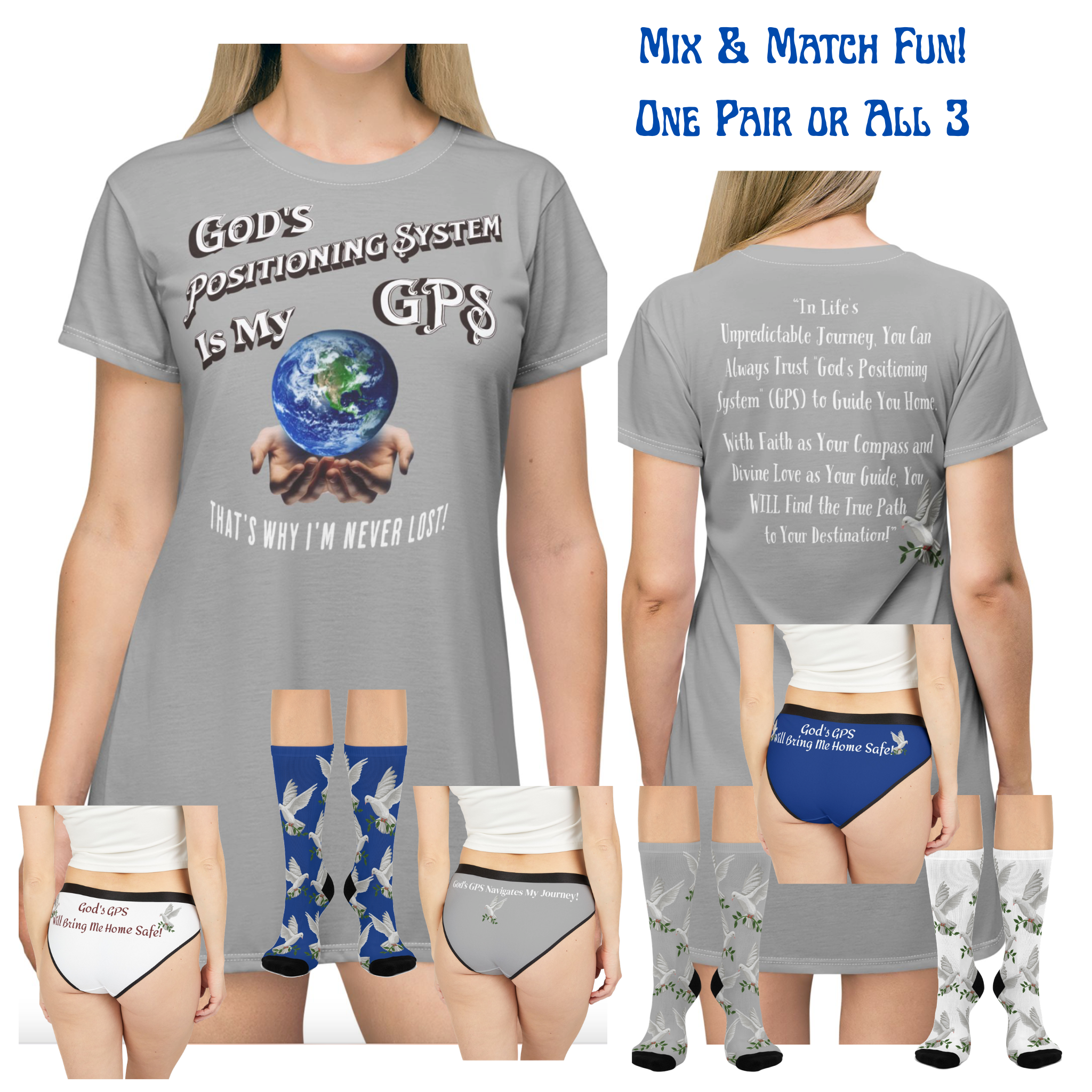 GPS God's Positioning System Gifted Grey Sleeper T-Dress With-A-Message. Match With CC Blu SlumberWear Undies & Socks.