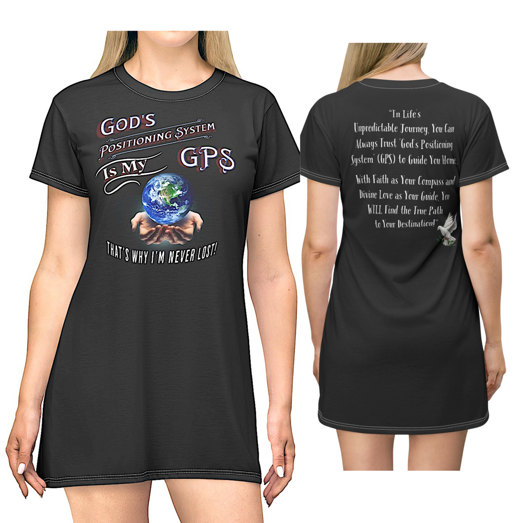 GPS, God's Positioning Systems Inspirational Beyond Black Sleep-Shirt T-Dress With-A-Message. Match With CC Blu Undies & Socks