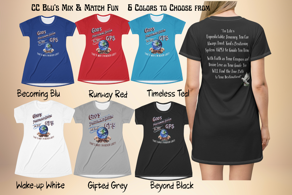 GPS, God's Positioning Systems Inspirational Beyond Black Sleep-Shirt T-Dress With-A-Message. Match With CC Blu Undies & Socks