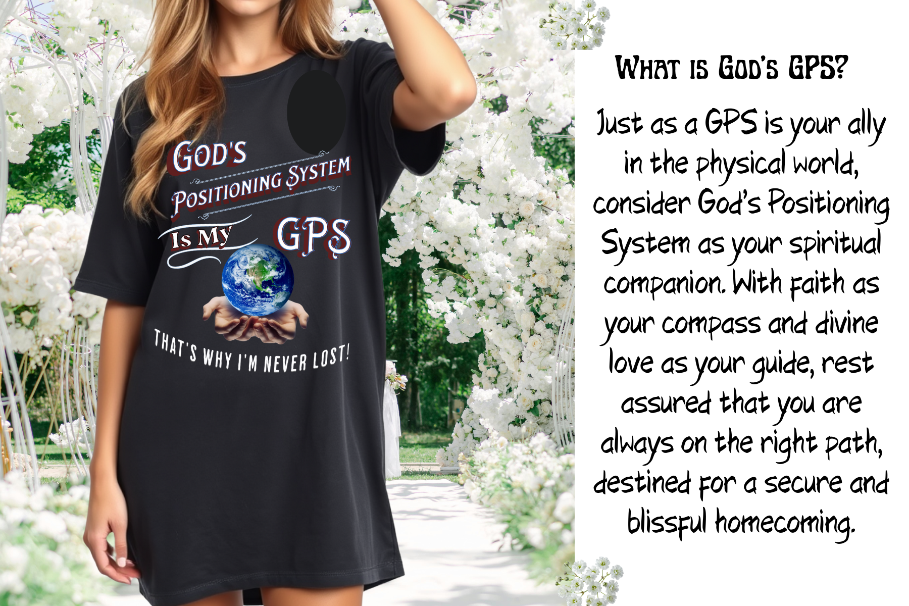 GPS, God's Positioning Systems Inspirational Beyond Black Sleep-Shirt T-Dress With-A-Message. Match With CC Blu Undies & Socks