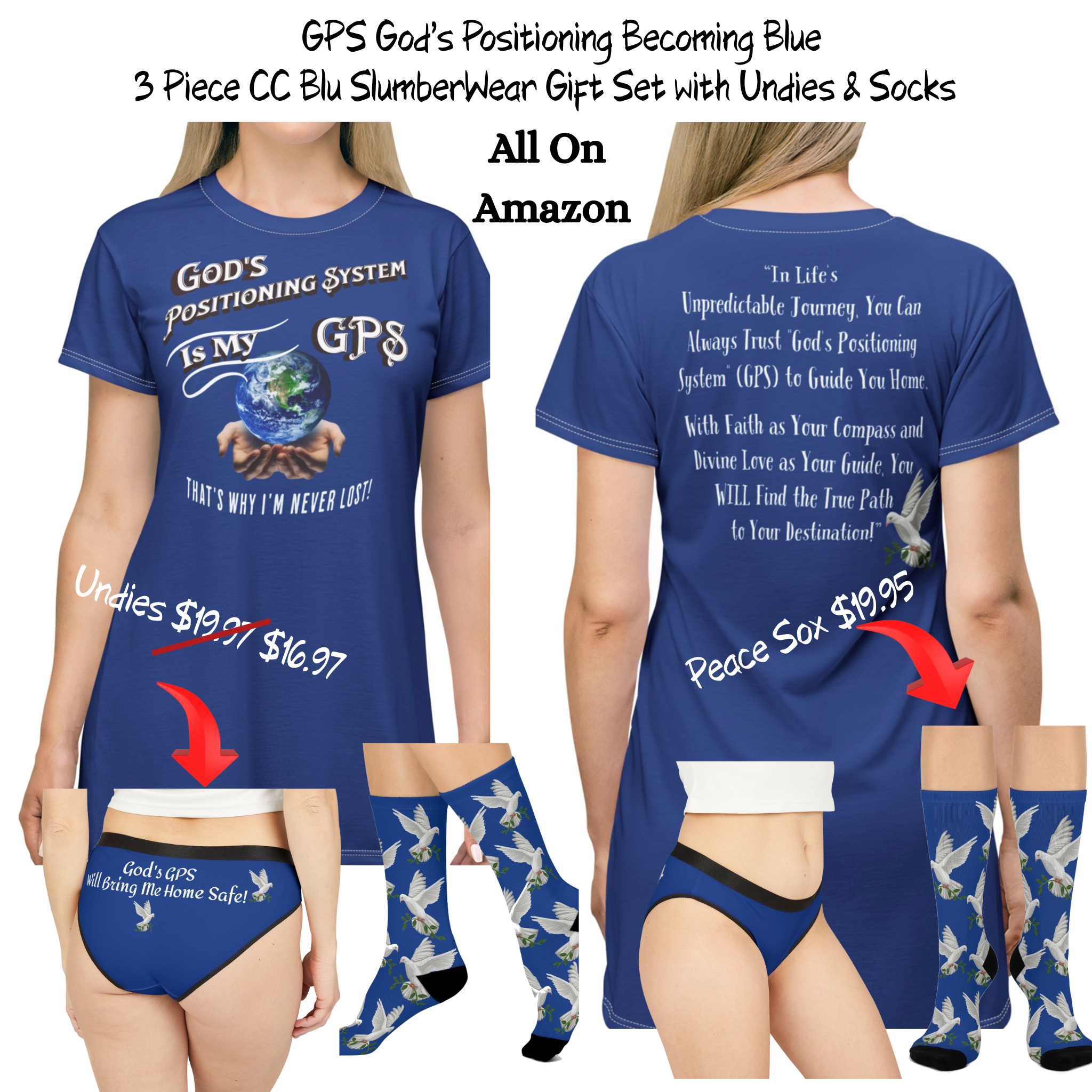 God's Positioning System (GPS) Beyond Blue Sleeper T-Dress With-A-Message. Match with CC Blu's Hipster Undies & Socks.